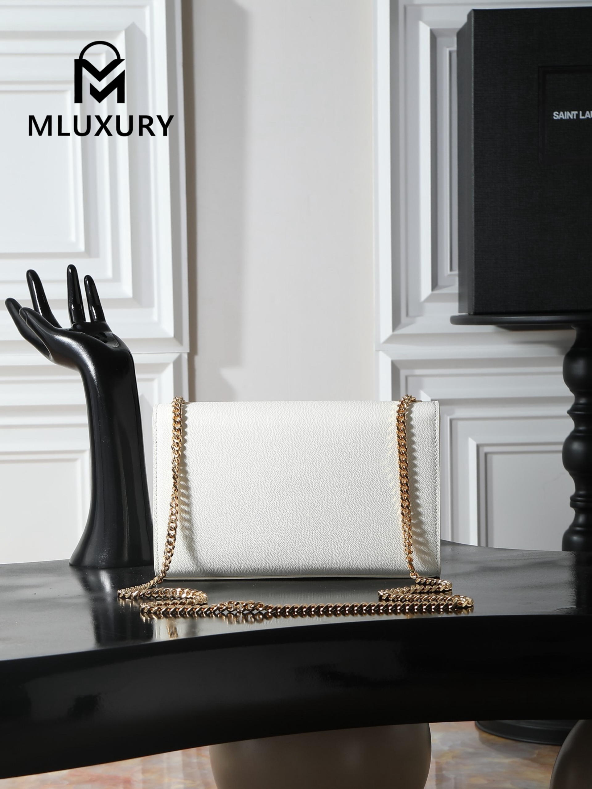YSL KATE White Caviar Bag with Gold Buckle and Tassel
