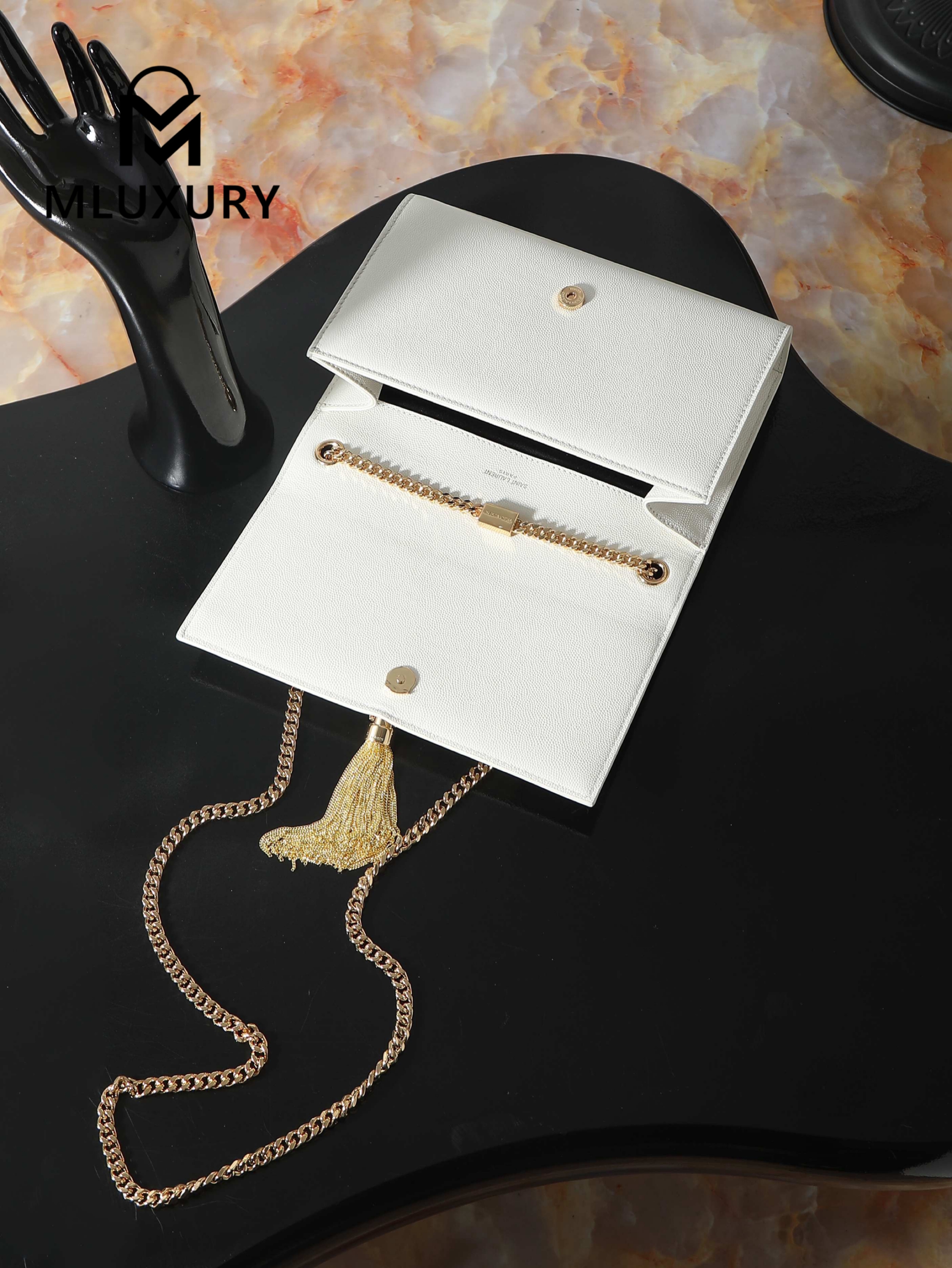 YSL KATE White Caviar Bag with Gold Buckle and Tassel