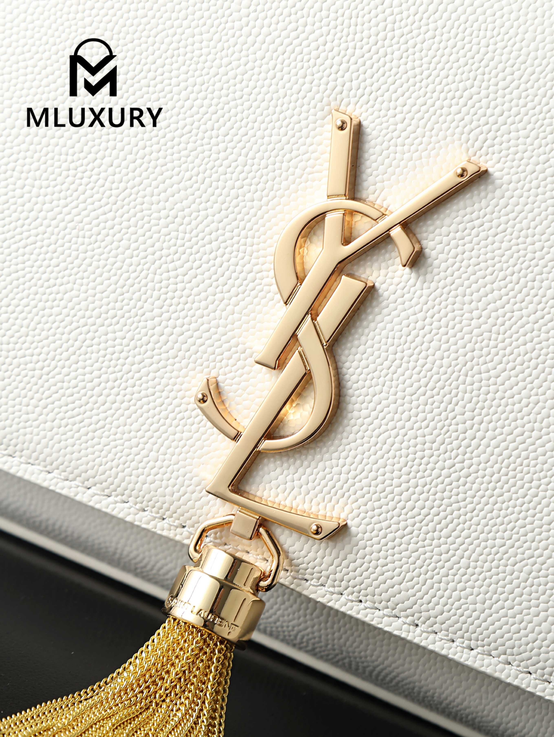 YSL KATE White Caviar Bag with Gold Buckle and Tassel