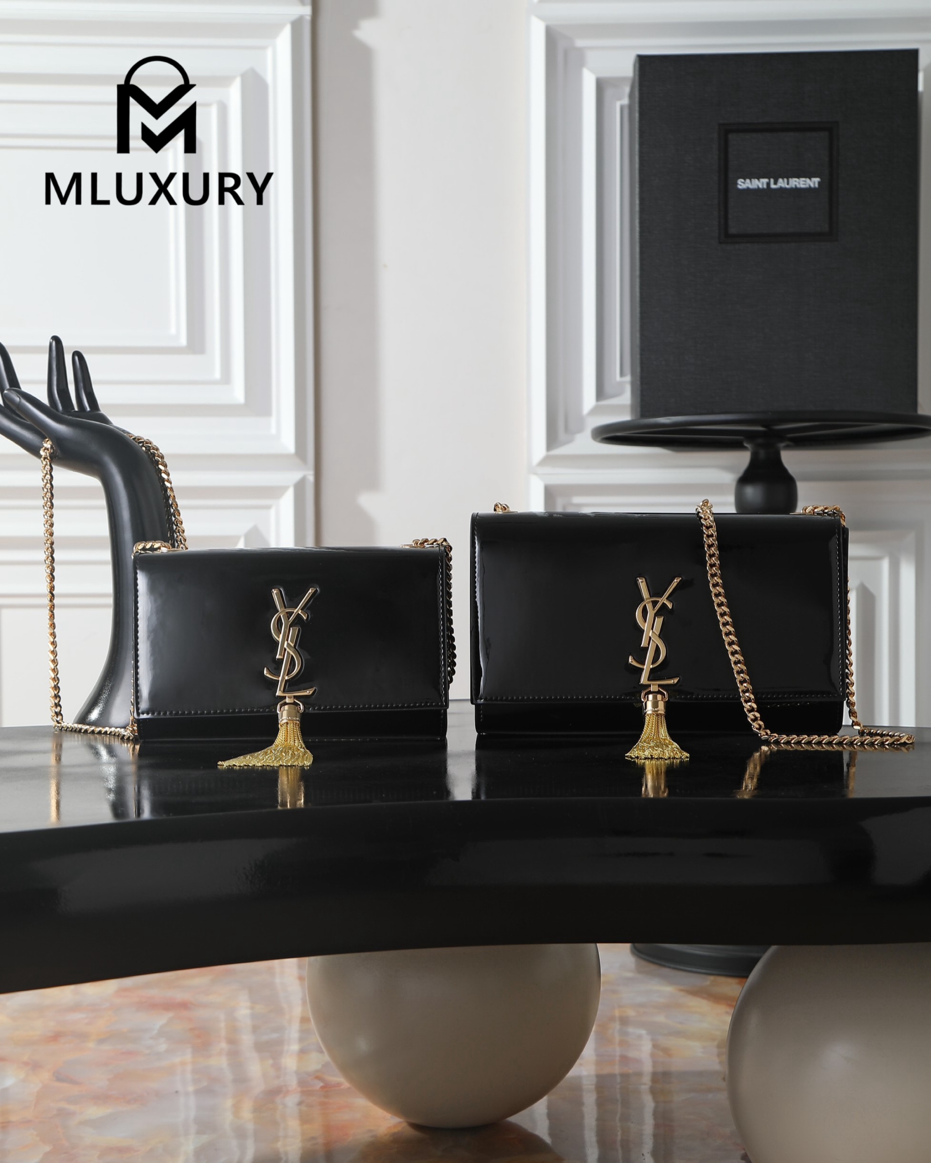 YSL KATE Black Patent Leather Tassel Bag with Gold Buckle