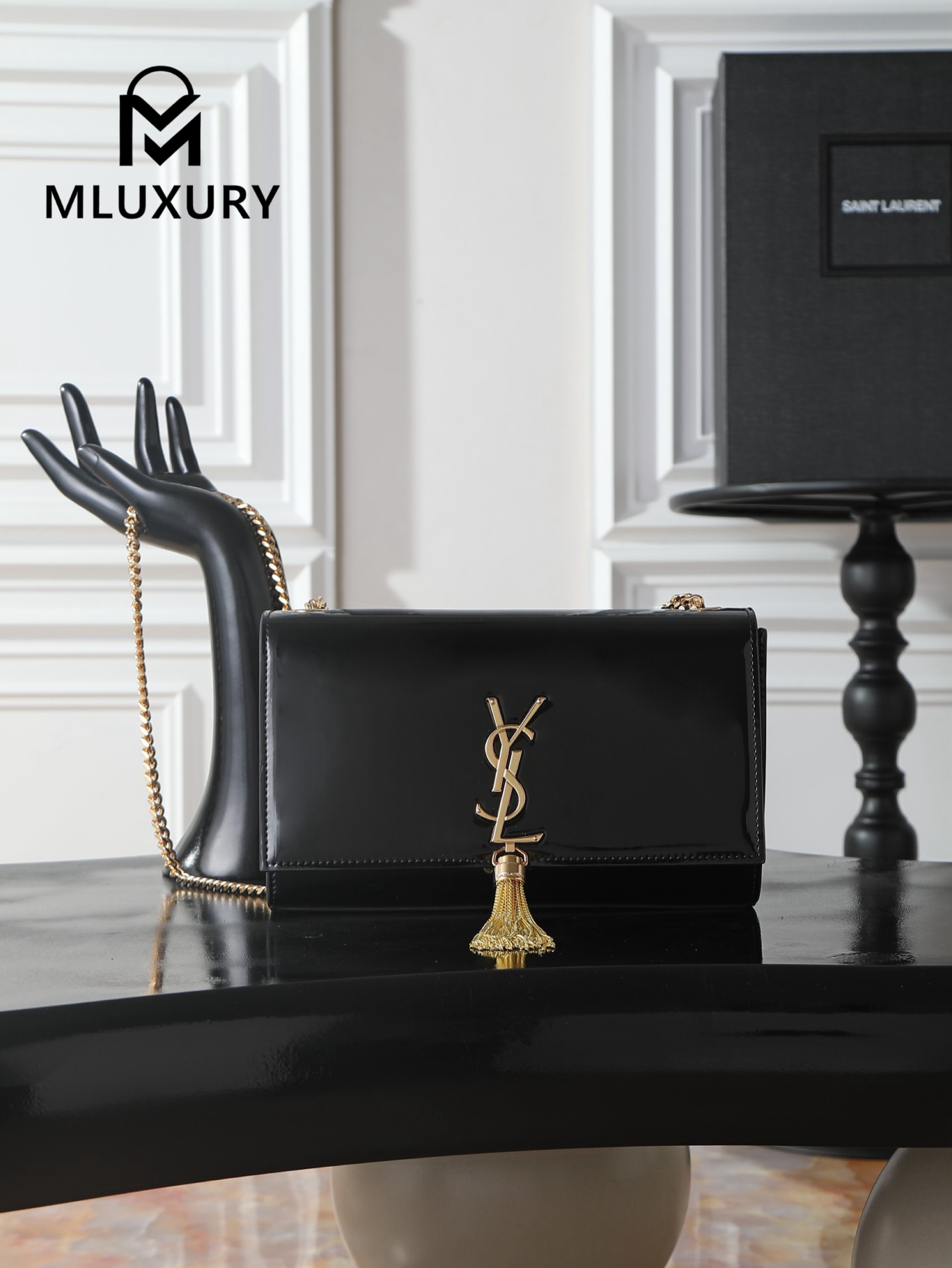 YSL KATE Black Patent Leather Tassel Bag with Gold Buckle