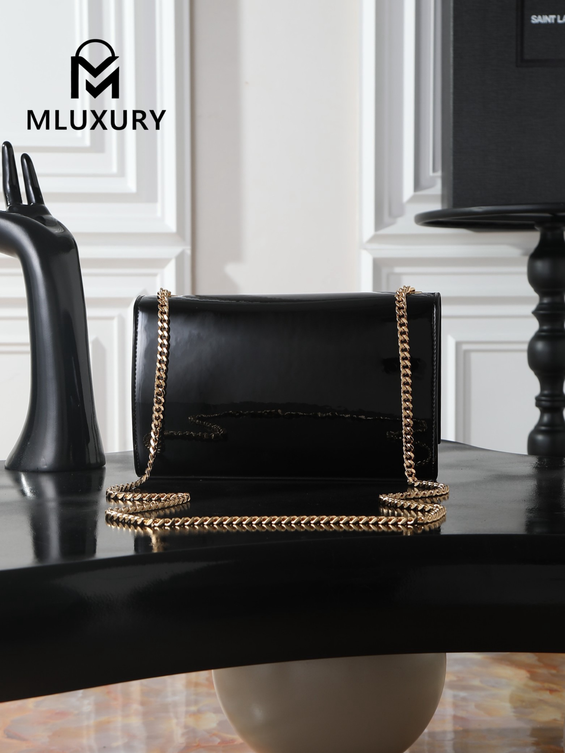 YSL KATE Black Patent Leather Tassel Bag with Gold Buckle