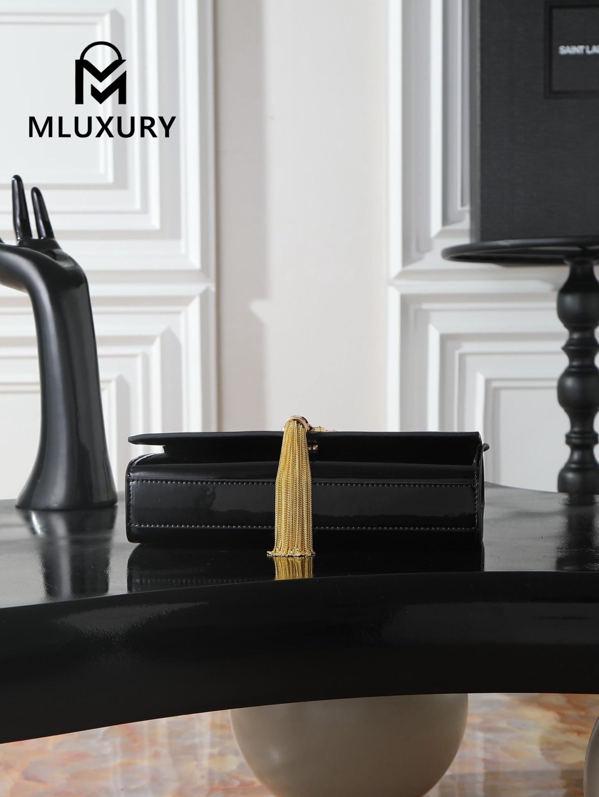 YSL KATE Black Patent Leather Tassel Bag with Gold Buckle