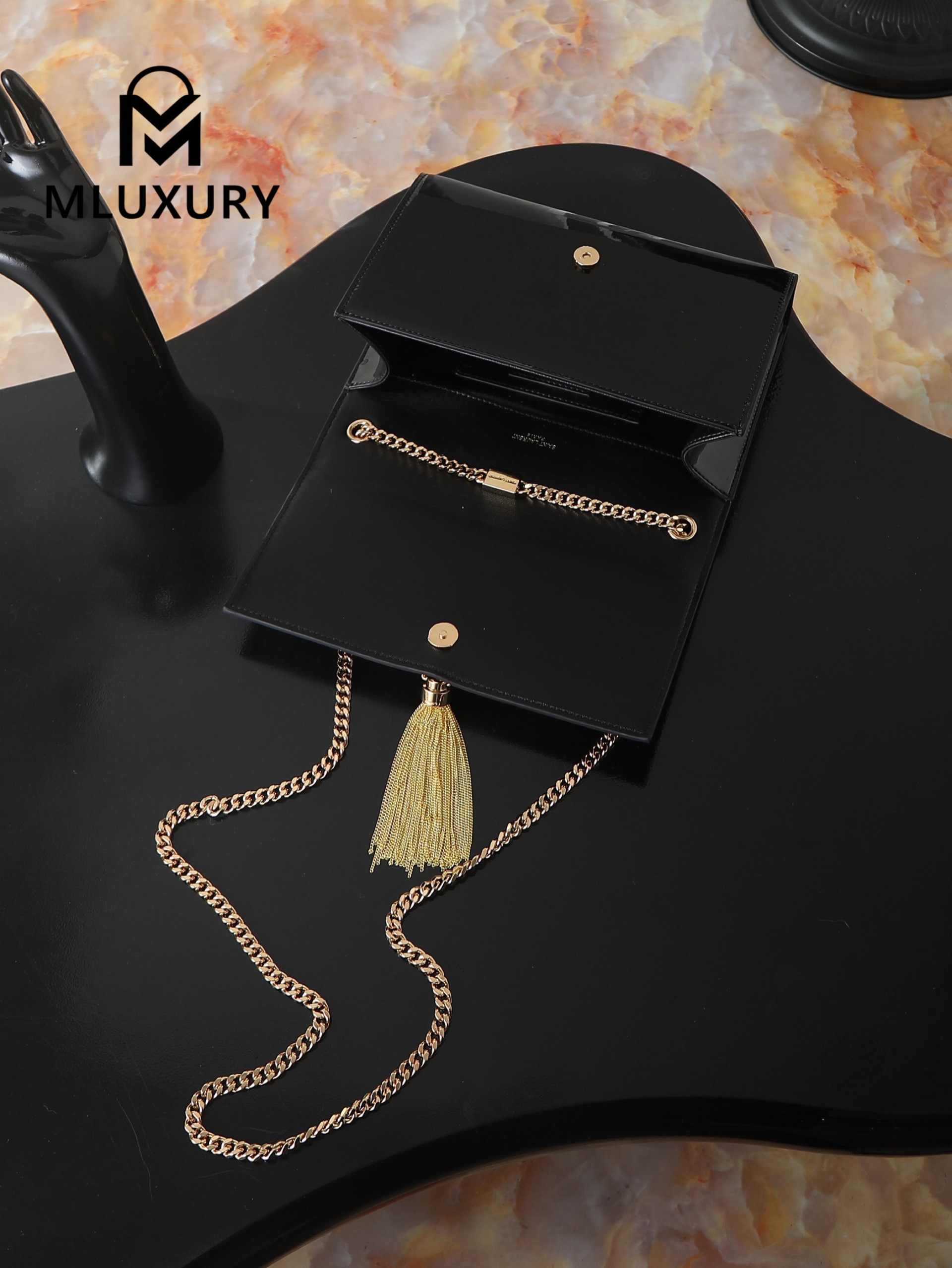 YSL KATE Black Patent Leather Tassel Bag with Gold Buckle