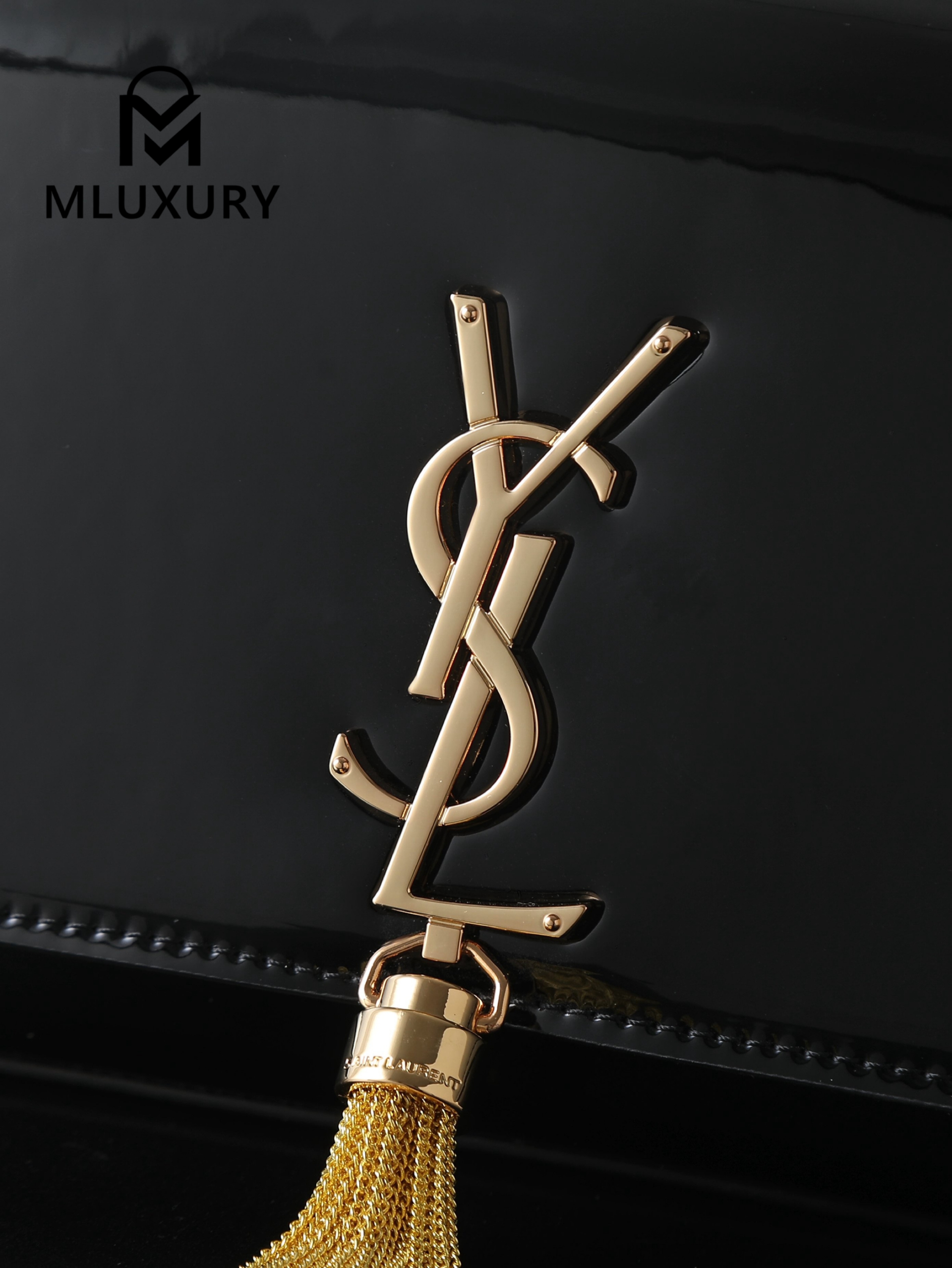 YSL KATE Black Patent Leather Tassel Bag with Gold Buckle
