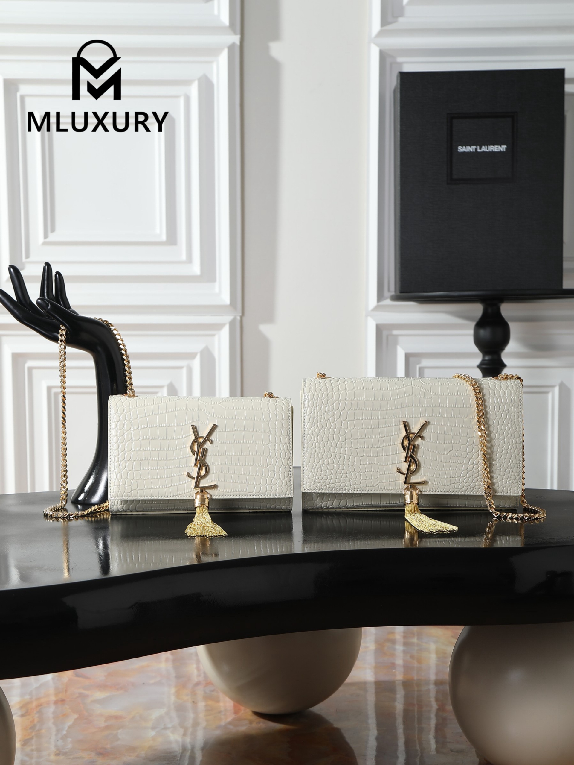 YSL KATE White Crocodile-Embroidered Gold Buckle Tassel Bag