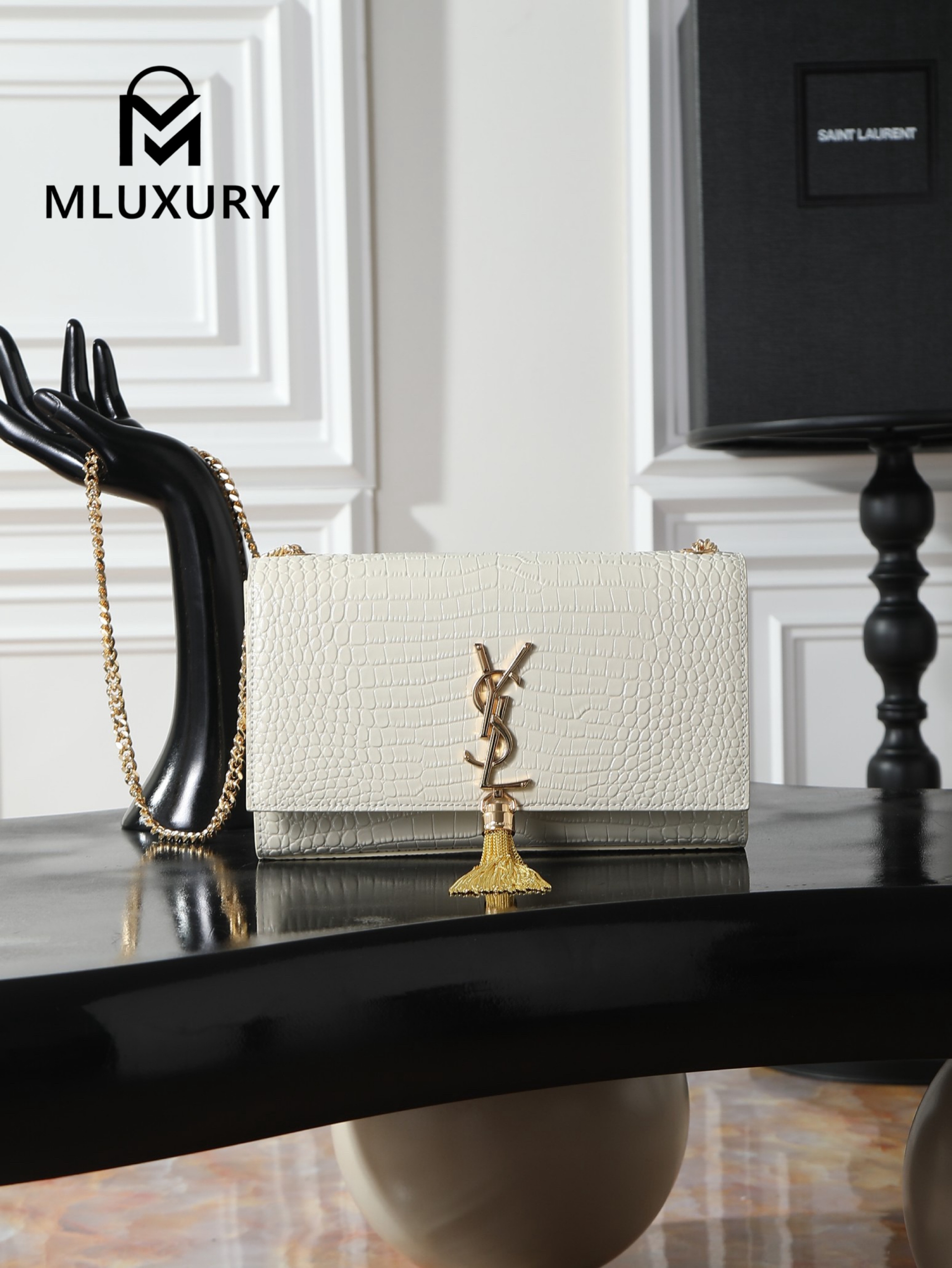 YSL KATE White Crocodile-Embroidered Gold Buckle Tassel Bag