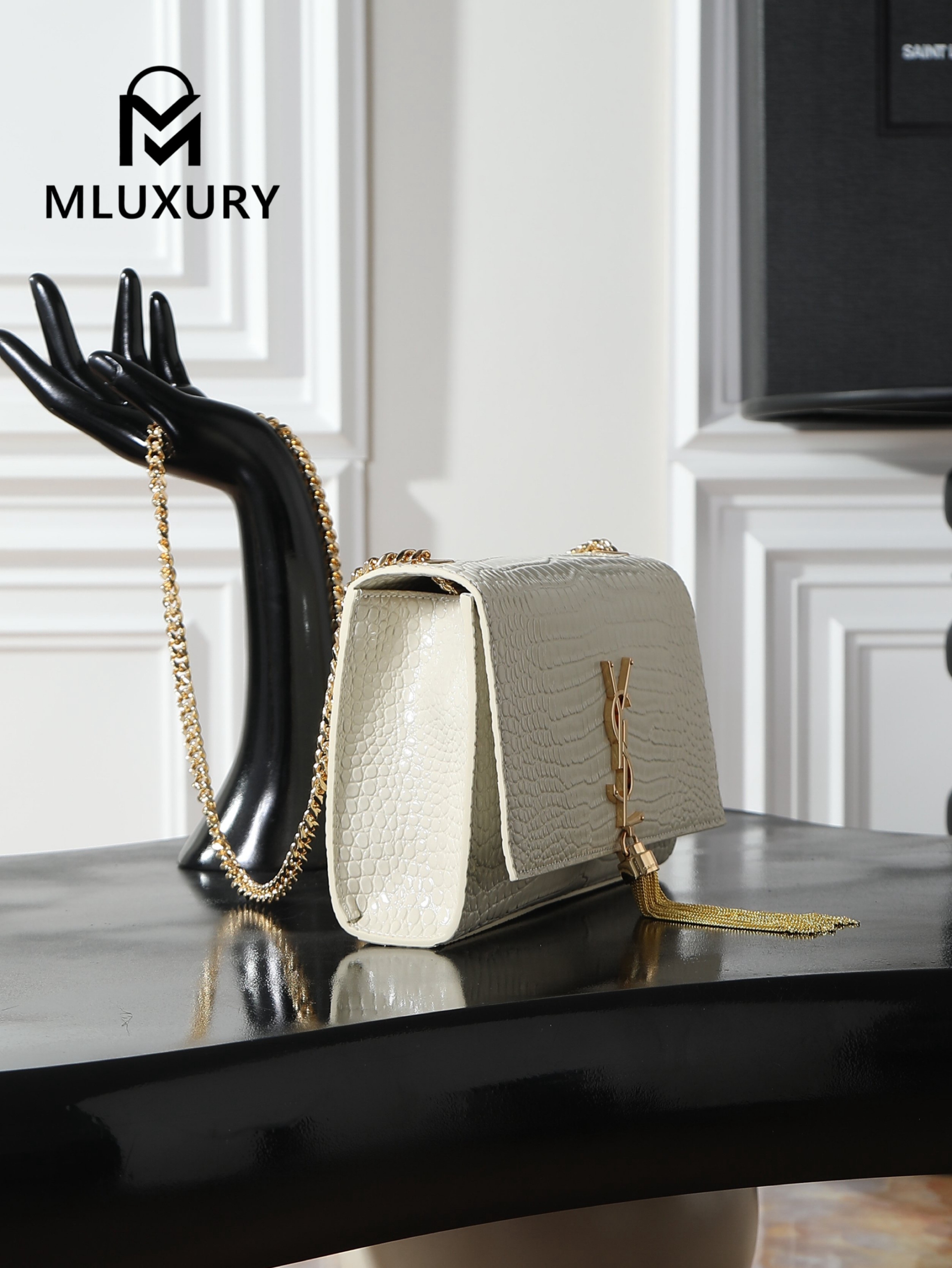 YSL KATE White Crocodile-Embroidered Gold Buckle Tassel Bag