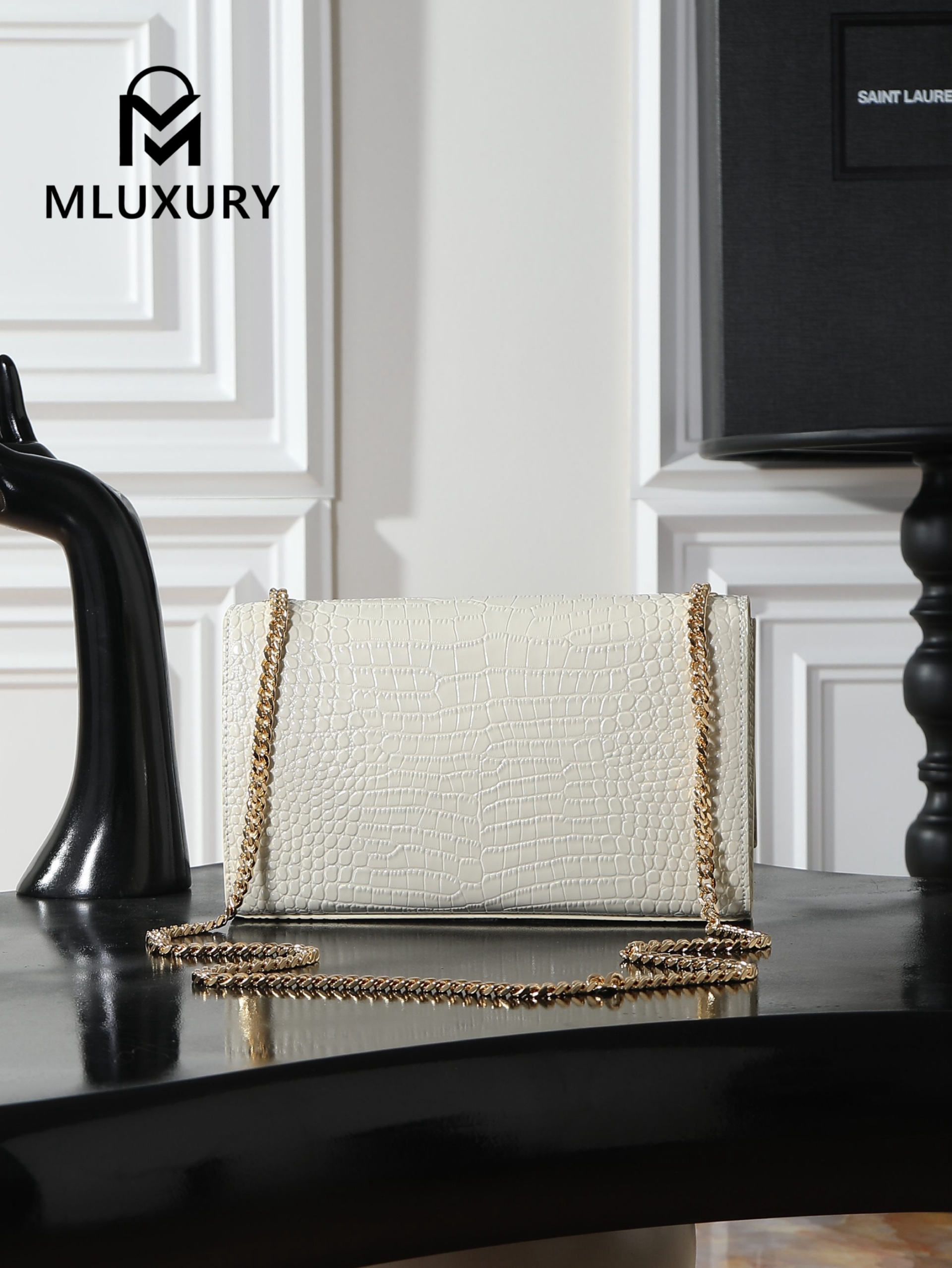 YSL KATE White Crocodile-Embroidered Gold Buckle Tassel Bag
