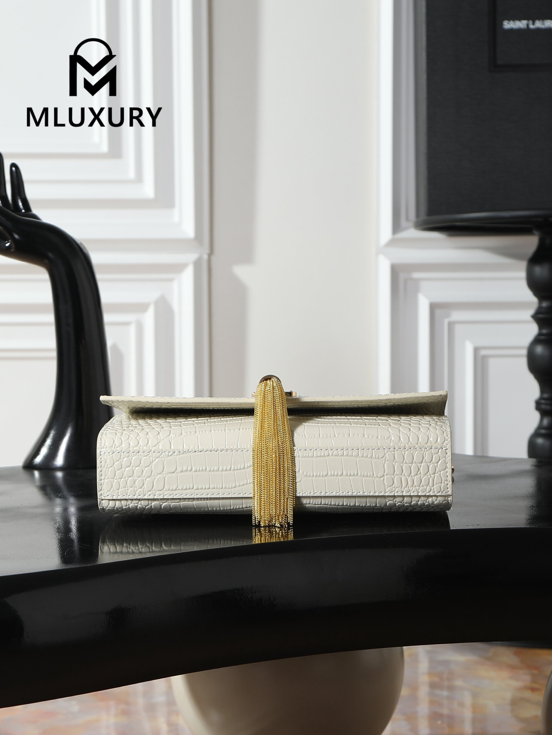 YSL KATE White Crocodile-Embroidered Gold Buckle Tassel Bag