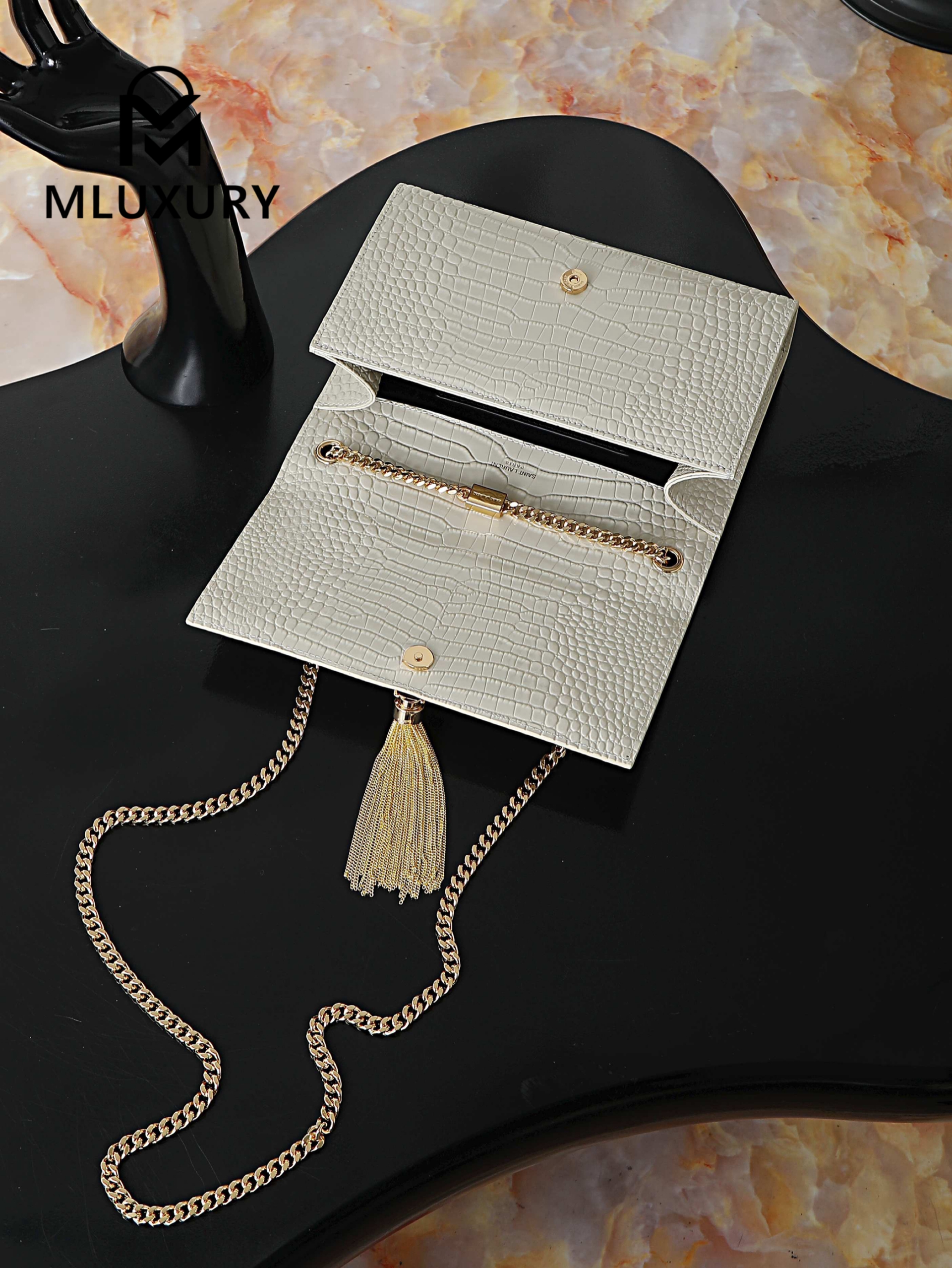 YSL KATE White Crocodile-Embroidered Gold Buckle Tassel Bag