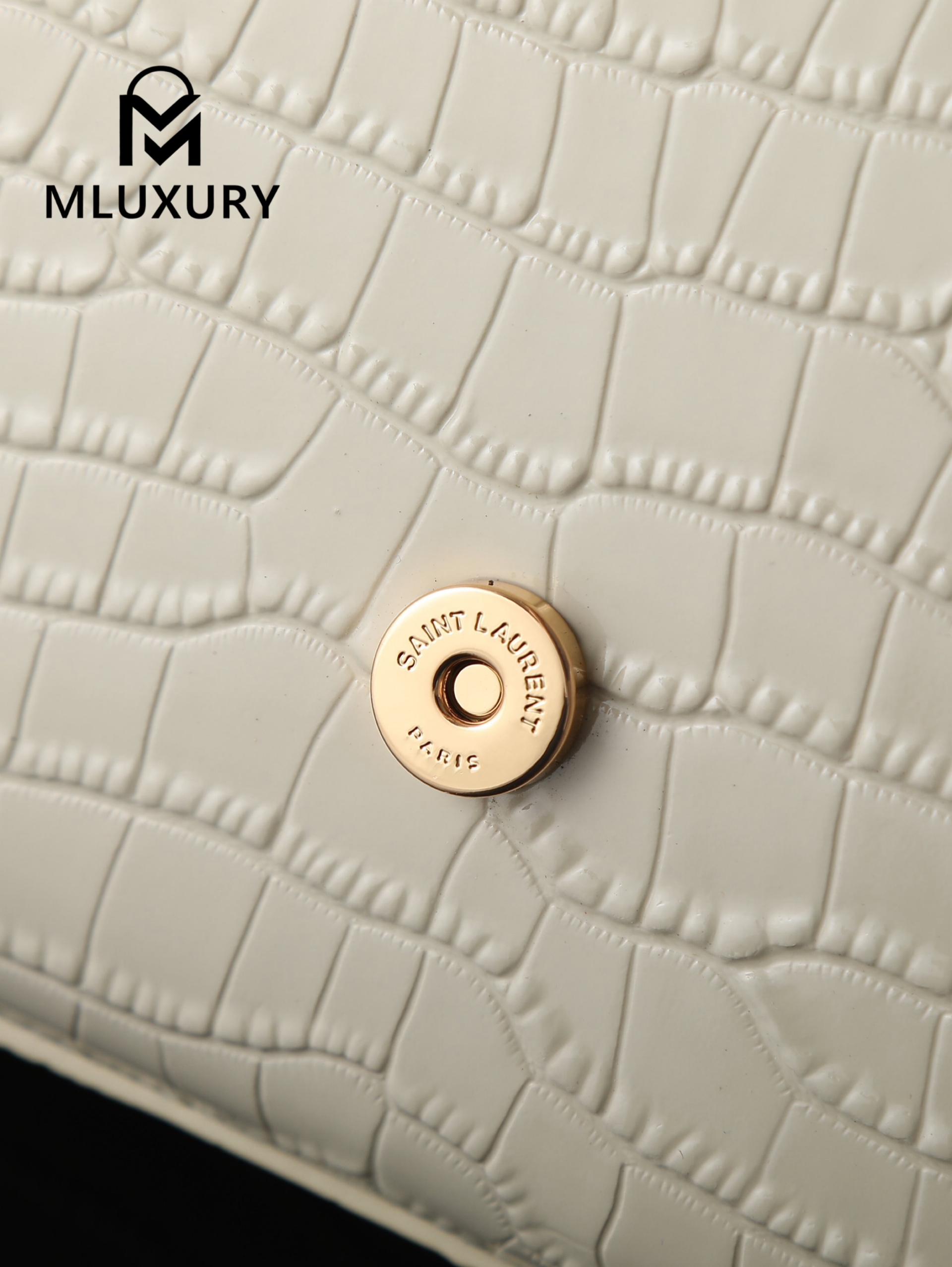 YSL KATE White Crocodile-Embroidered Gold Buckle Tassel Bag