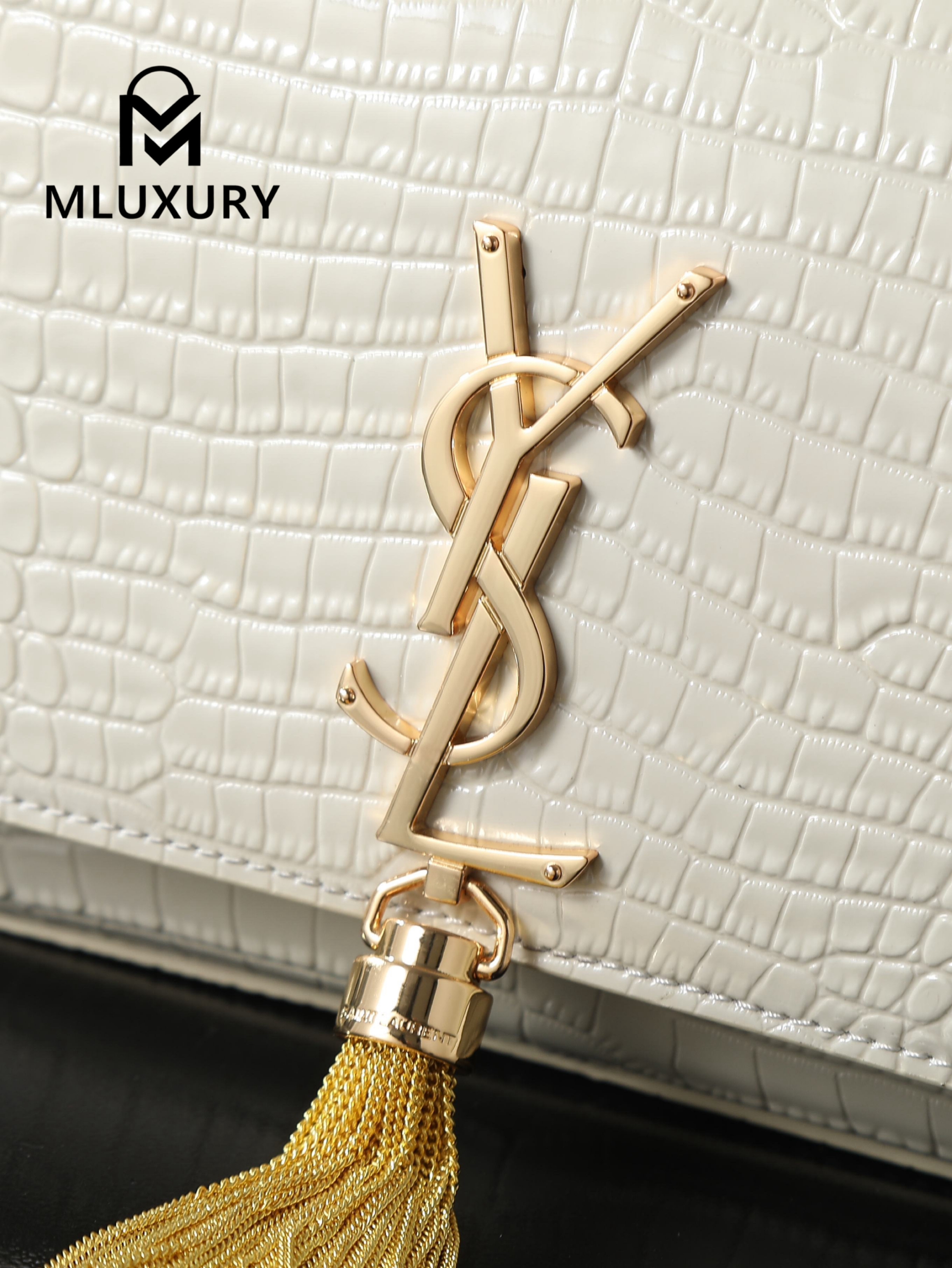 YSL KATE White Crocodile-Embroidered Gold Buckle Tassel Bag