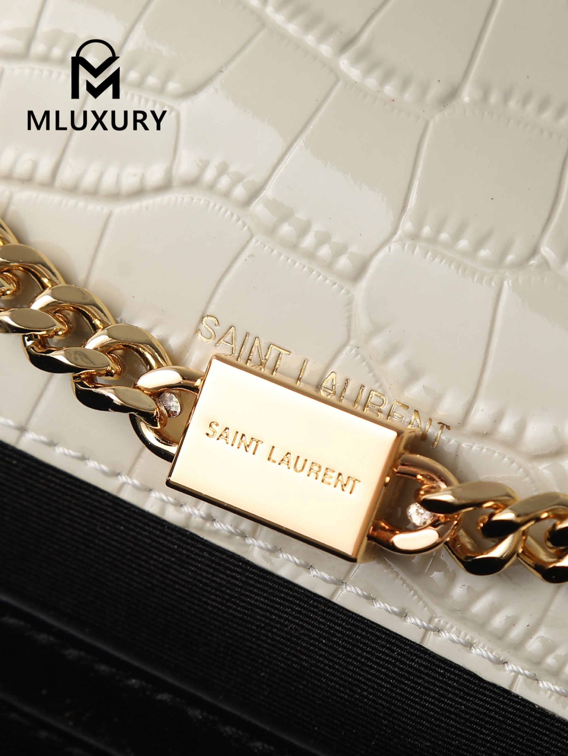 YSL KATE White Crocodile-Embroidered Gold Buckle Tassel Bag