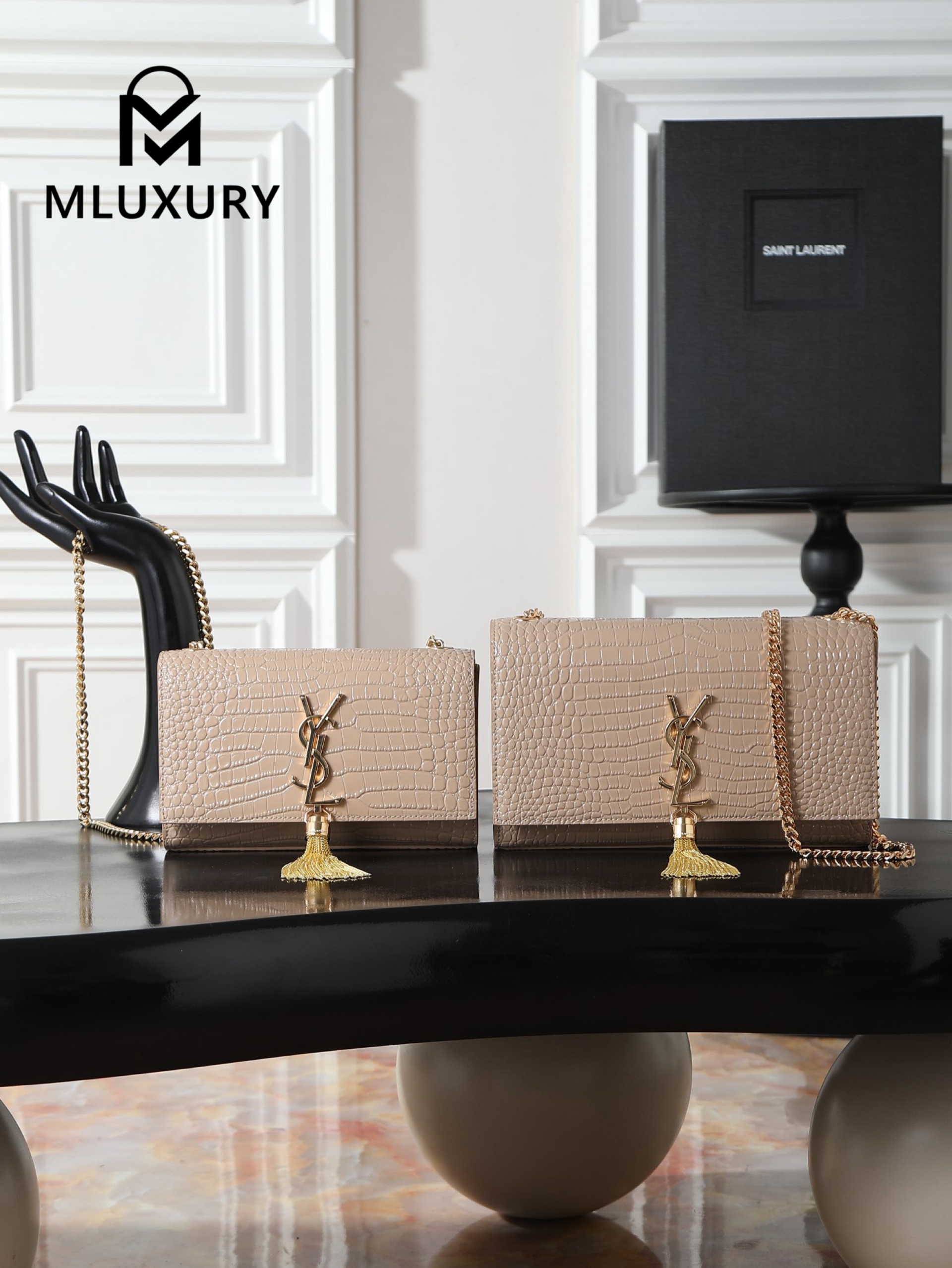 YSL KATE Apricot Crocodile-Embroidered Gold Buckle Tassel Bag