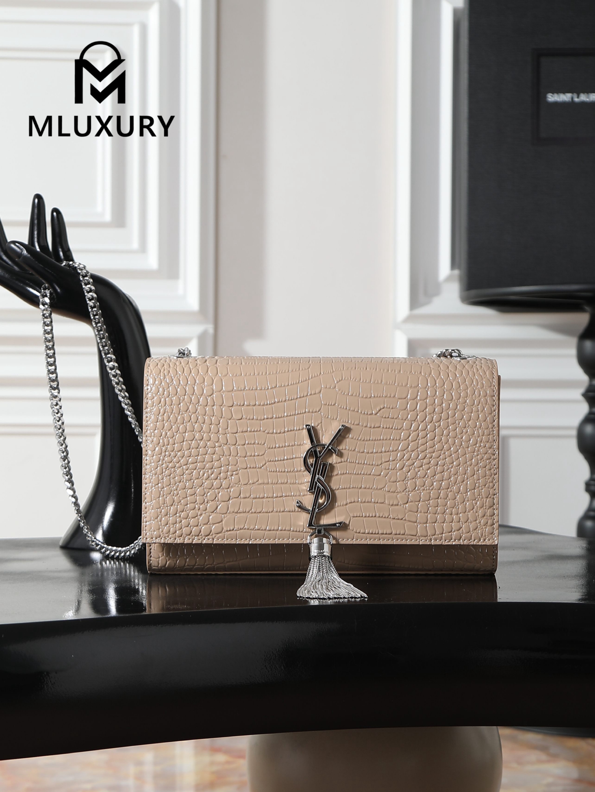 YSL KATE Apricot Crocodile-Embroidered Silver Buckle Tassel Bag