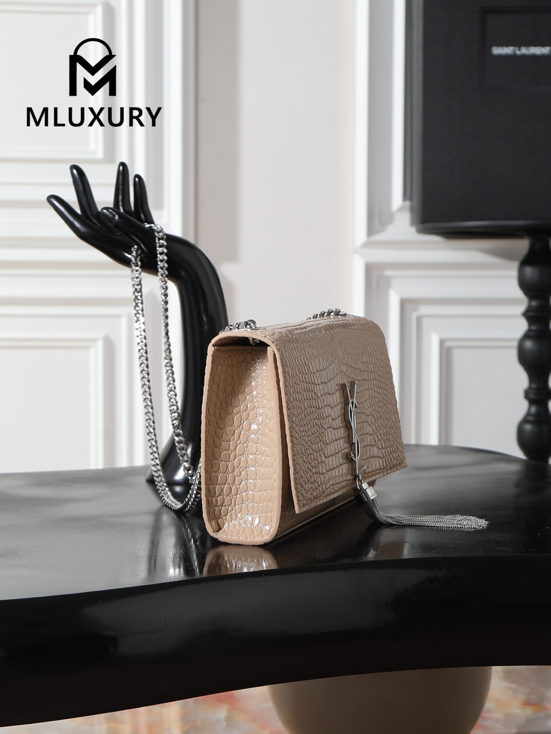 YSL KATE Apricot Crocodile-Embroidered Silver Buckle Tassel Bag