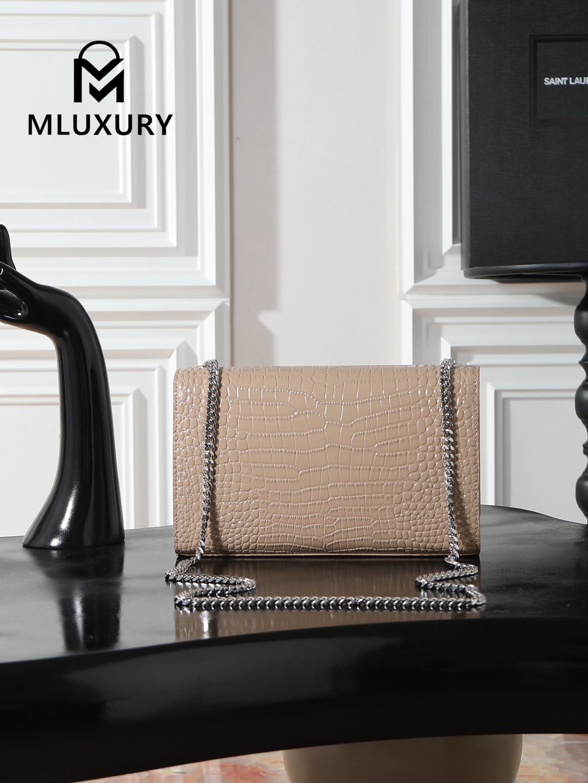 YSL KATE Apricot Crocodile-Embroidered Silver Buckle Tassel Bag