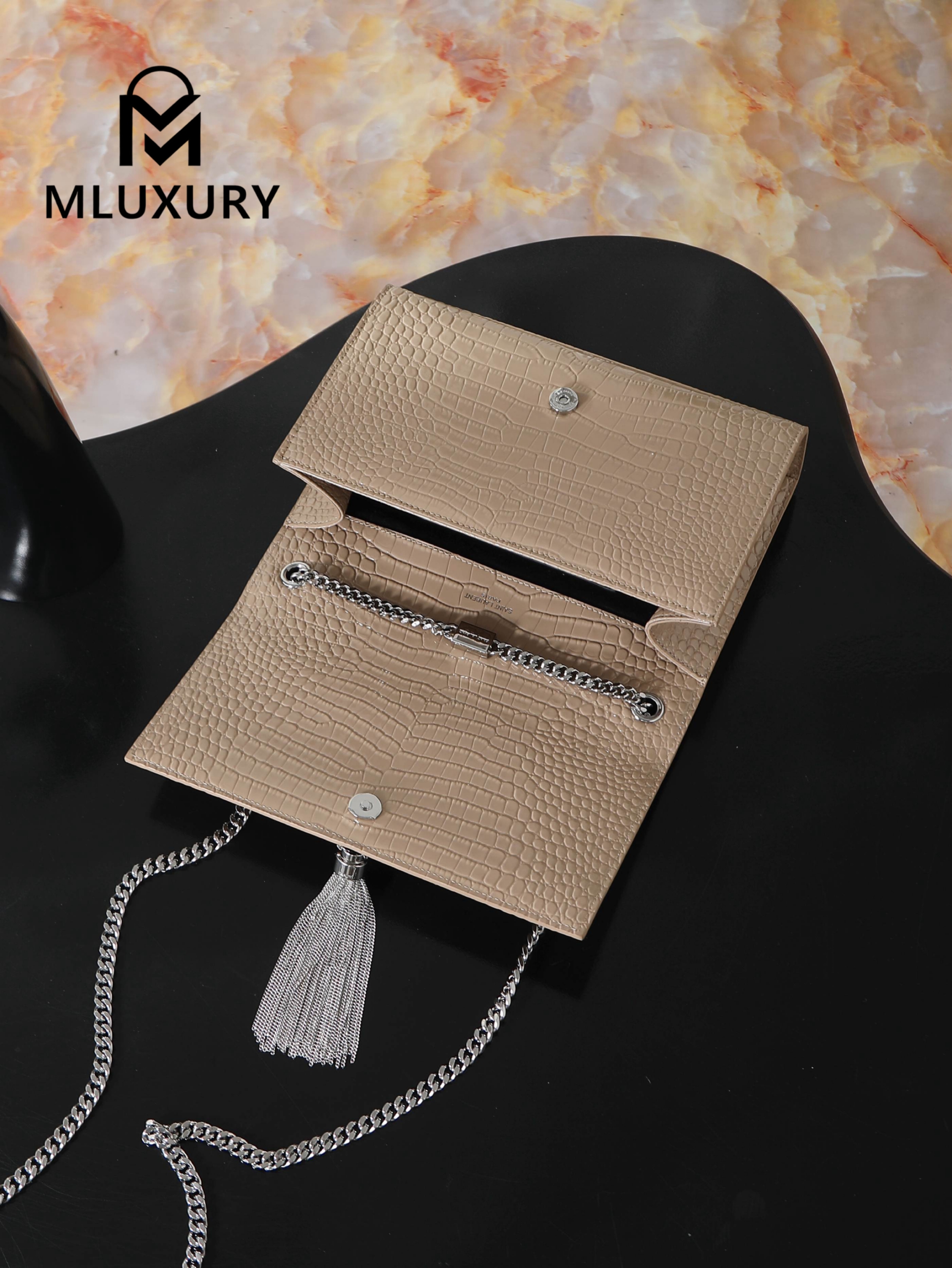 YSL KATE Apricot Crocodile-Embroidered Silver Buckle Tassel Bag
