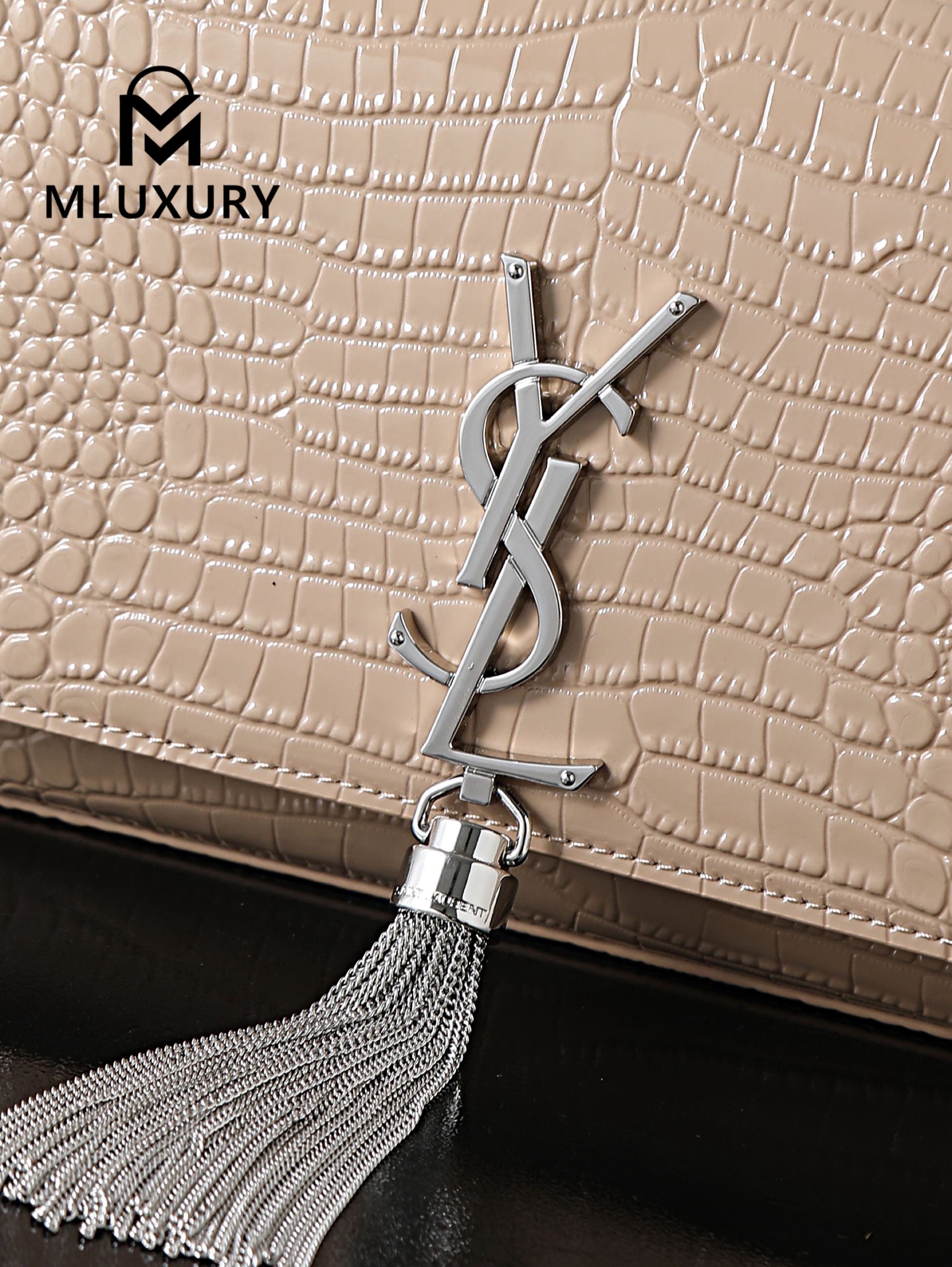 YSL KATE Apricot Crocodile-Embroidered Silver Buckle Tassel Bag