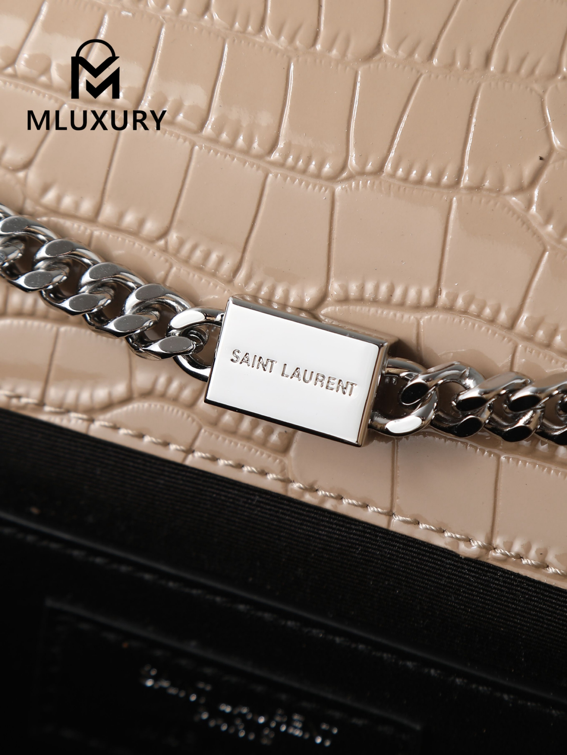 YSL KATE Apricot Crocodile-Embroidered Silver Buckle Tassel Bag