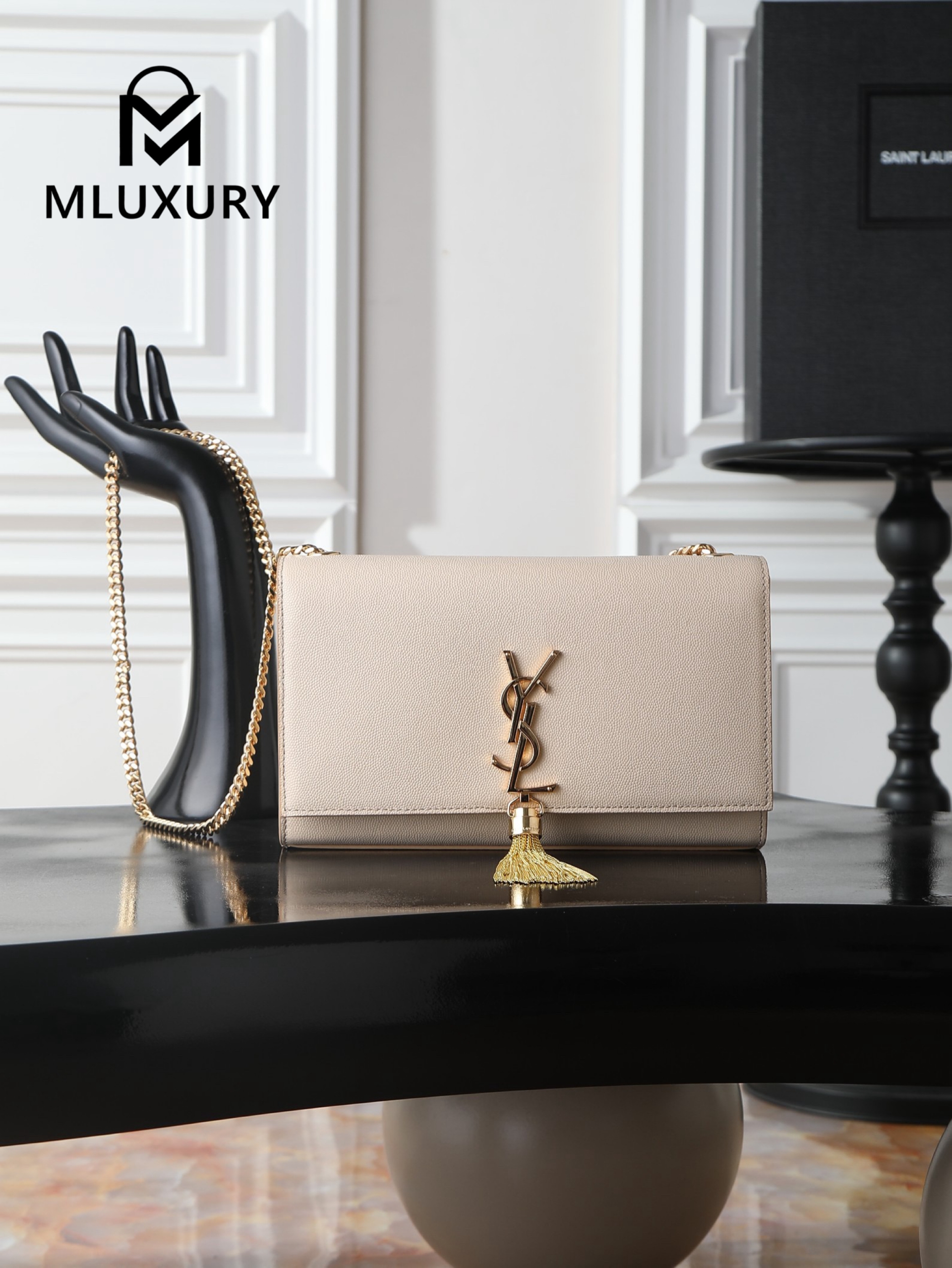 YSL KATE Apricot Caviar Gold Buckle Tassel Bag