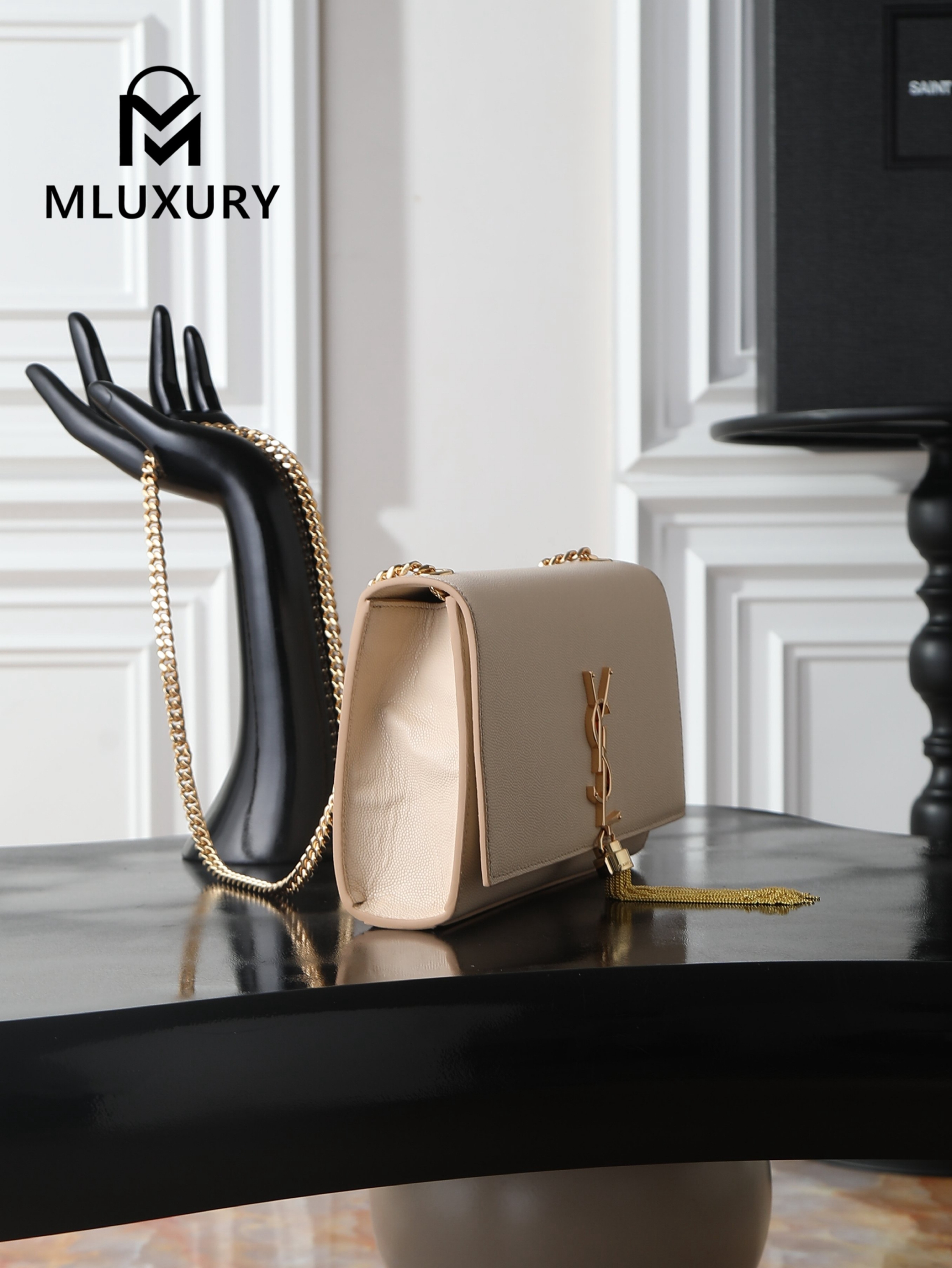 YSL KATE Apricot Caviar Gold Buckle Tassel Bag