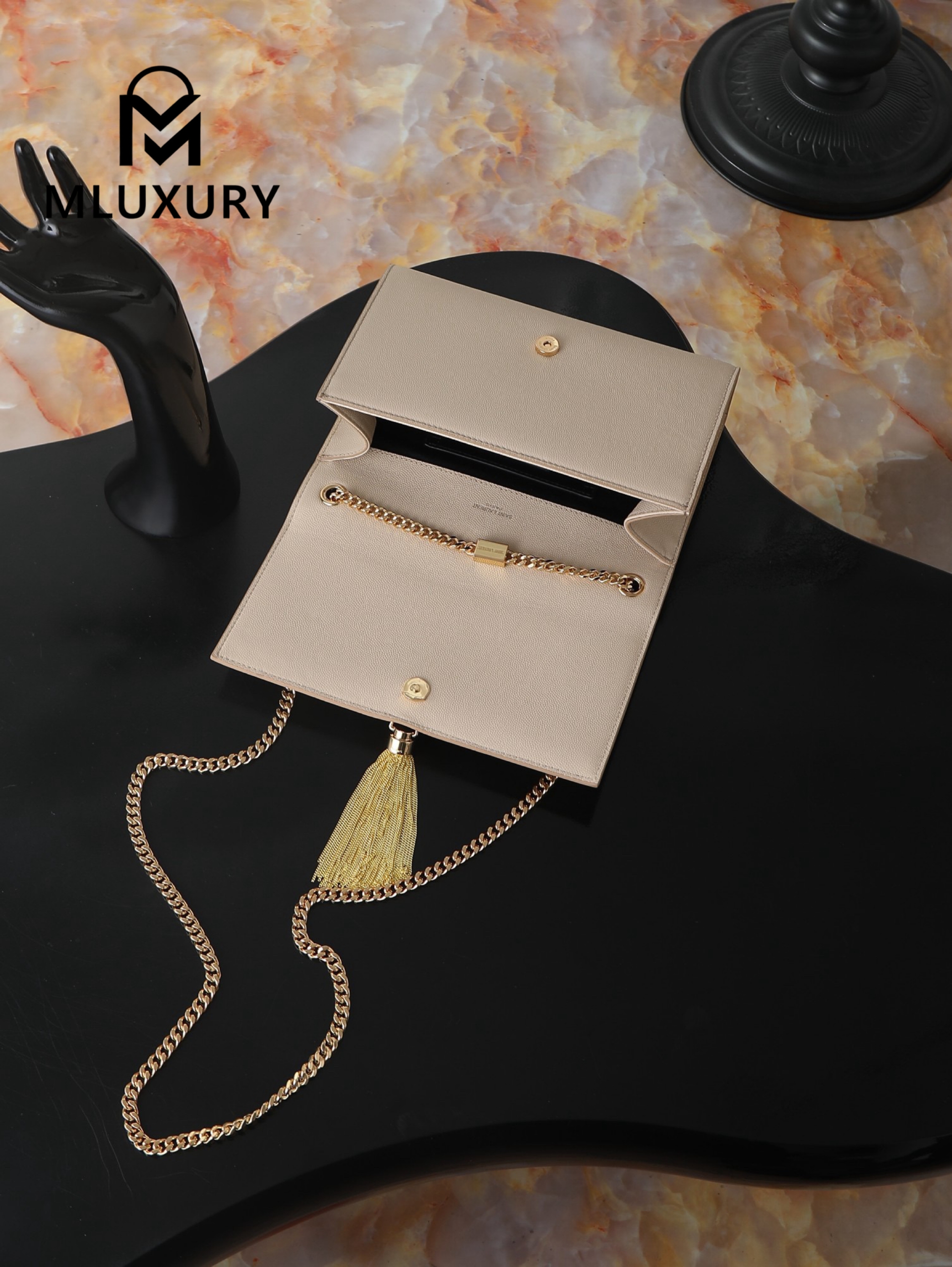 YSL KATE Apricot Caviar Gold Buckle Tassel Bag