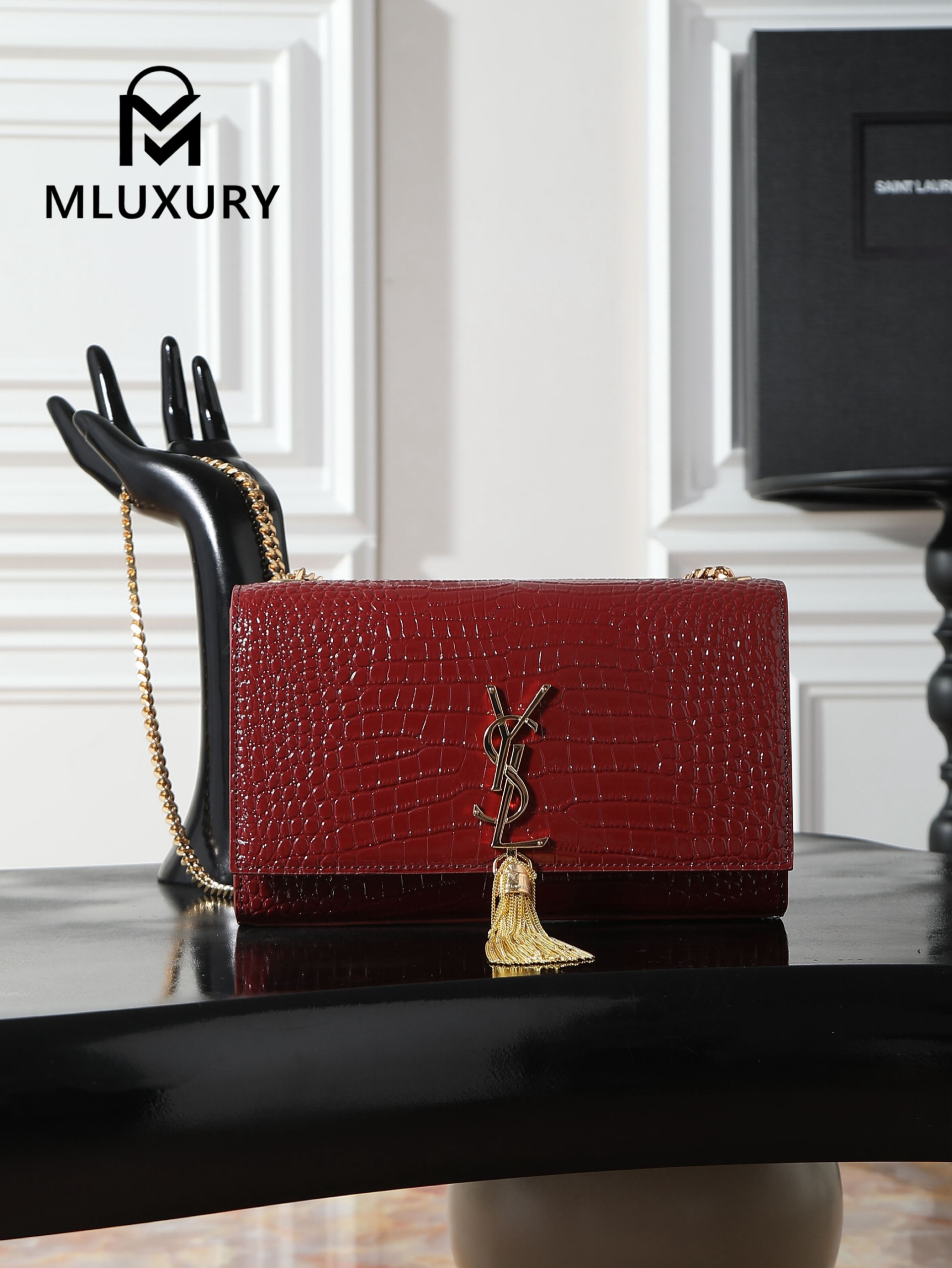 YSL KATE Burgundy Crocodile-Embroidered Gold Buckle Tassel Bag