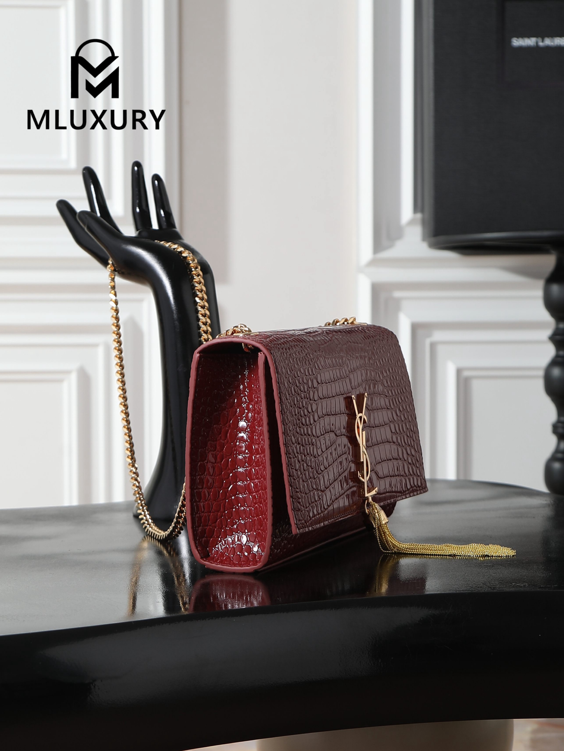 YSL KATE Burgundy Crocodile-Embroidered Gold Buckle Tassel Bag