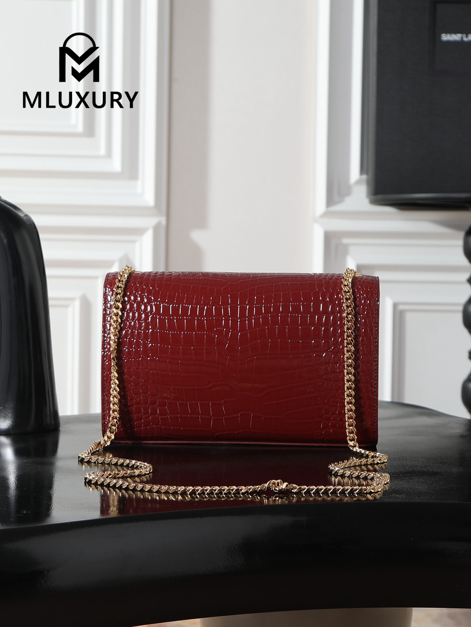 YSL KATE Burgundy Crocodile-Embroidered Gold Buckle Tassel Bag