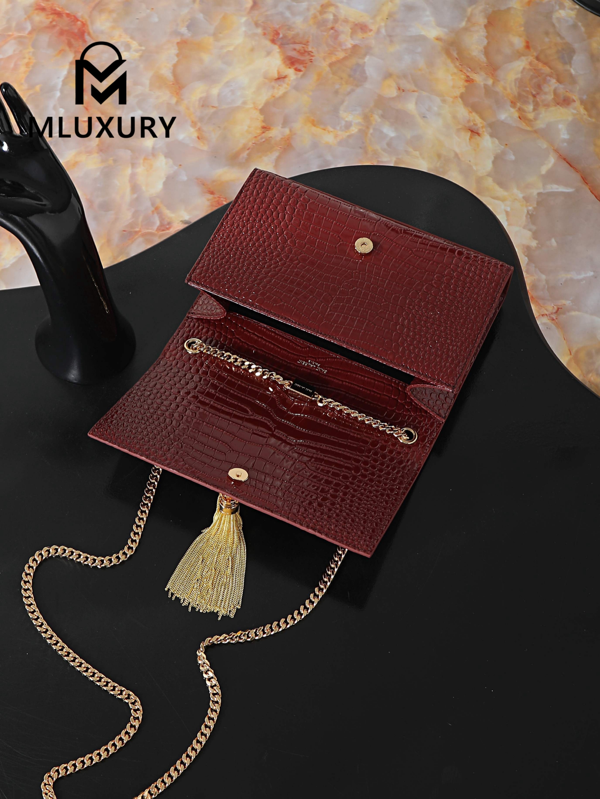 YSL KATE Burgundy Crocodile-Embroidered Gold Buckle Tassel Bag