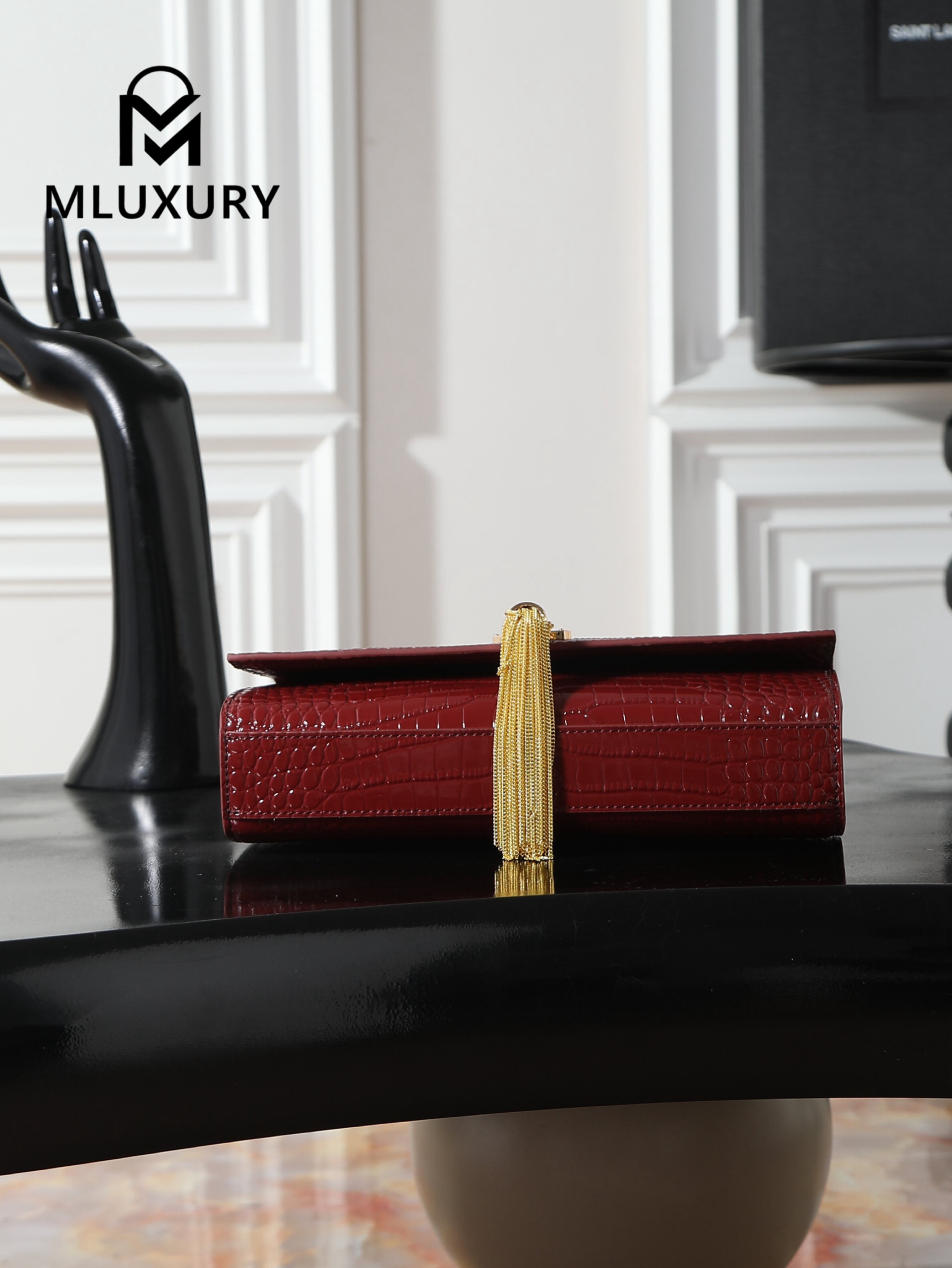 YSL KATE Burgundy Crocodile-Embroidered Gold Buckle Tassel Bag