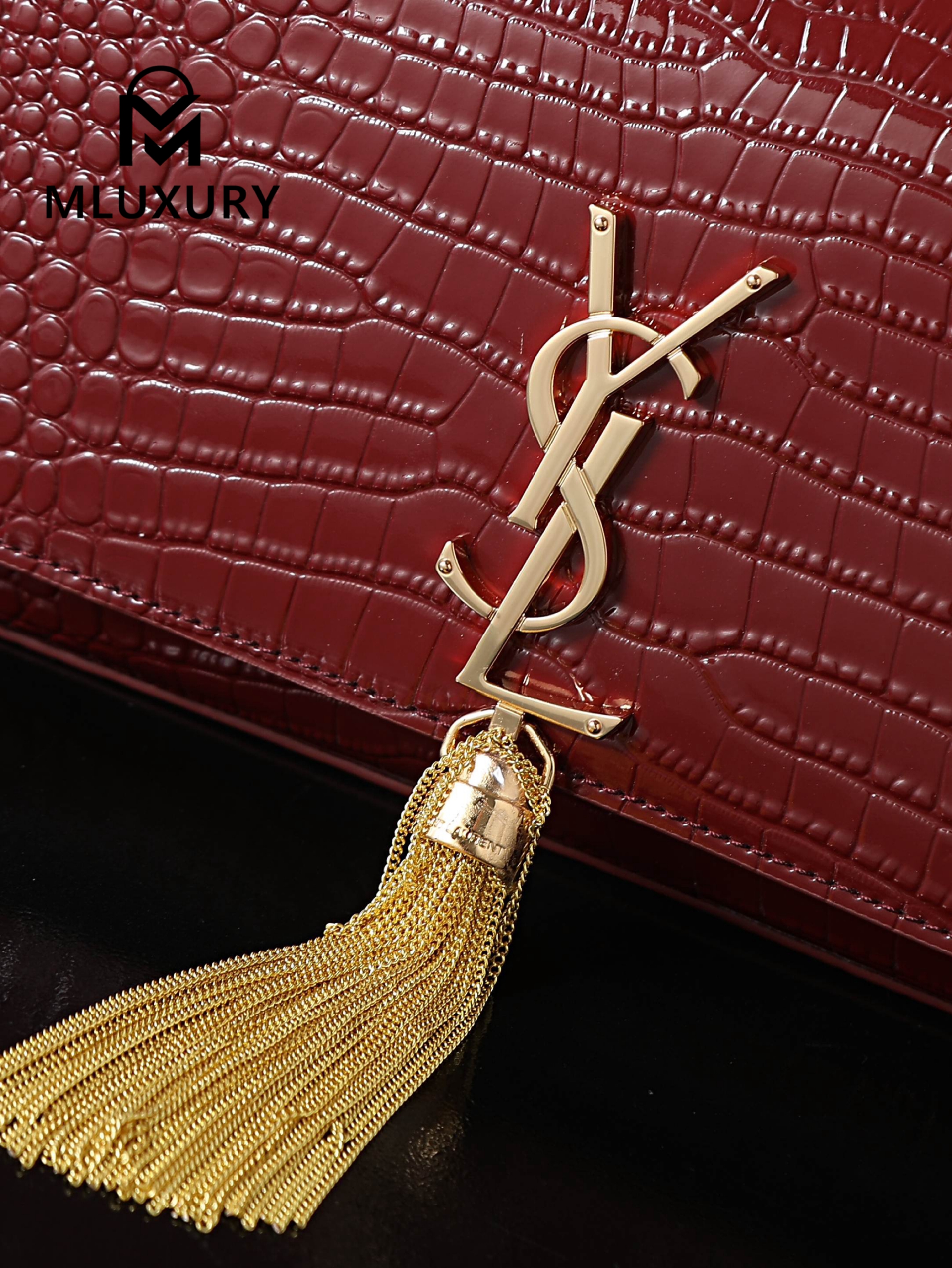 YSL KATE Burgundy Crocodile-Embroidered Gold Buckle Tassel Bag