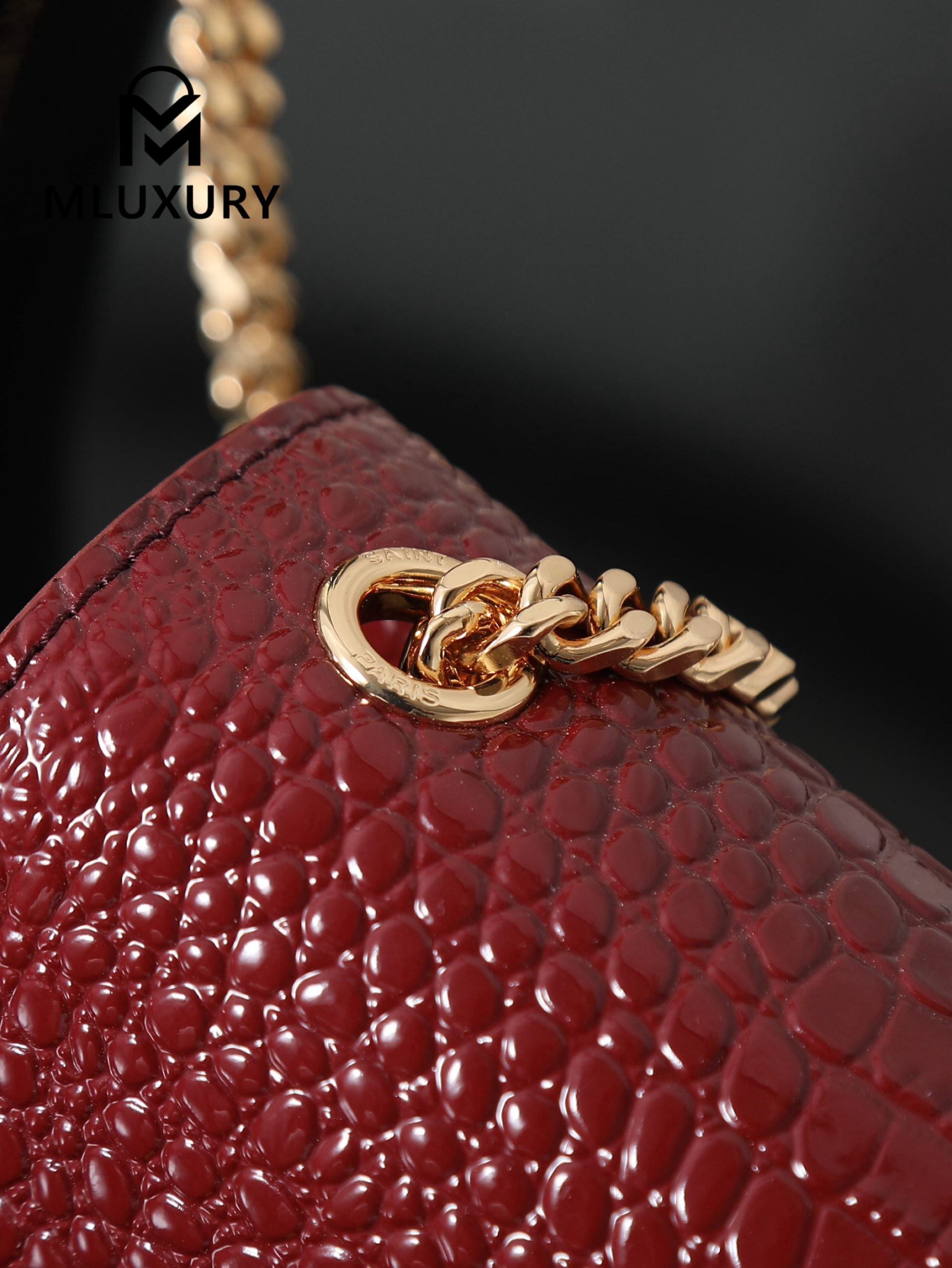 YSL KATE Burgundy Crocodile-Embroidered Gold Buckle Tassel Bag