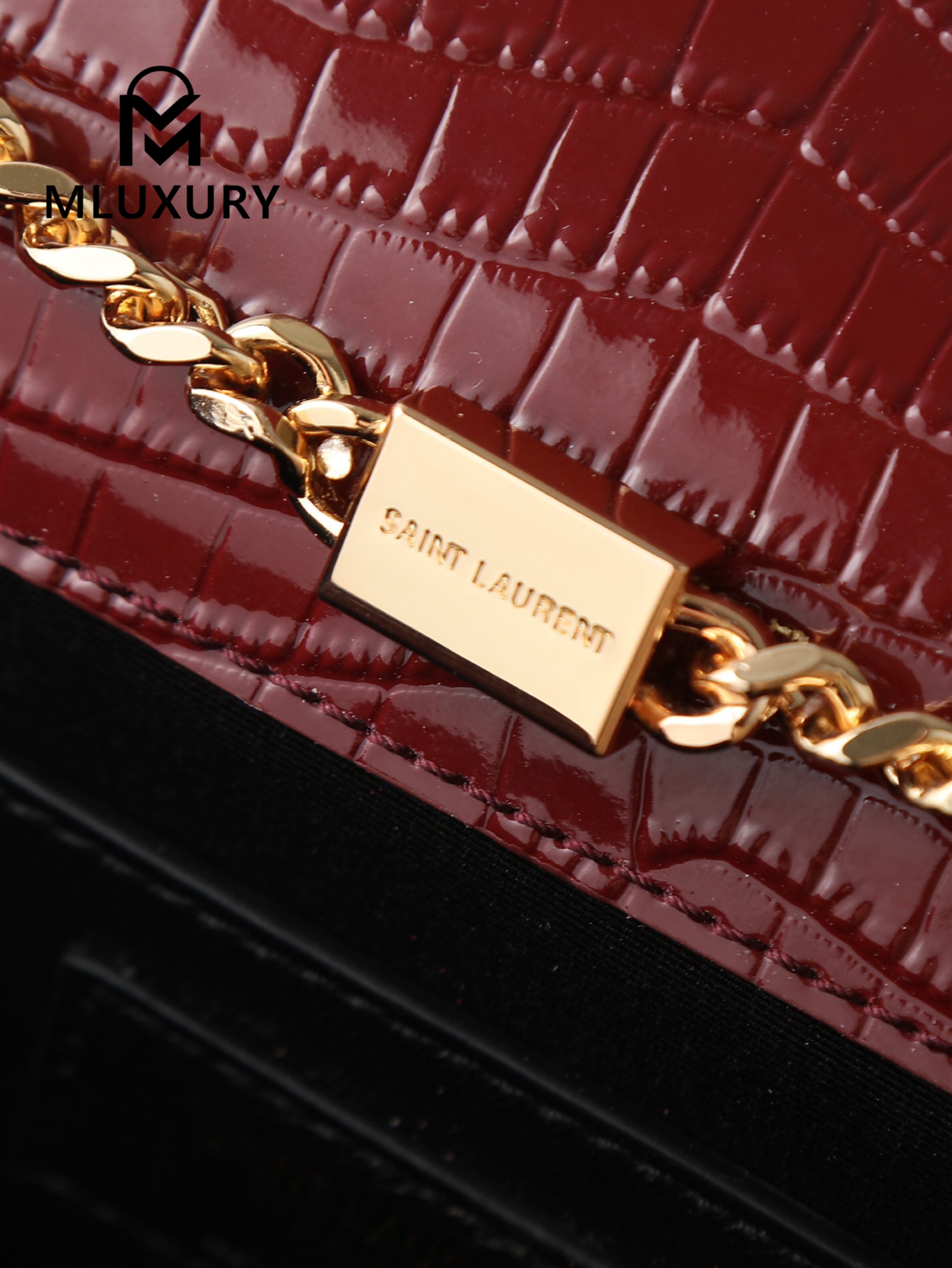 YSL KATE Burgundy Crocodile-Embroidered Gold Buckle Tassel Bag