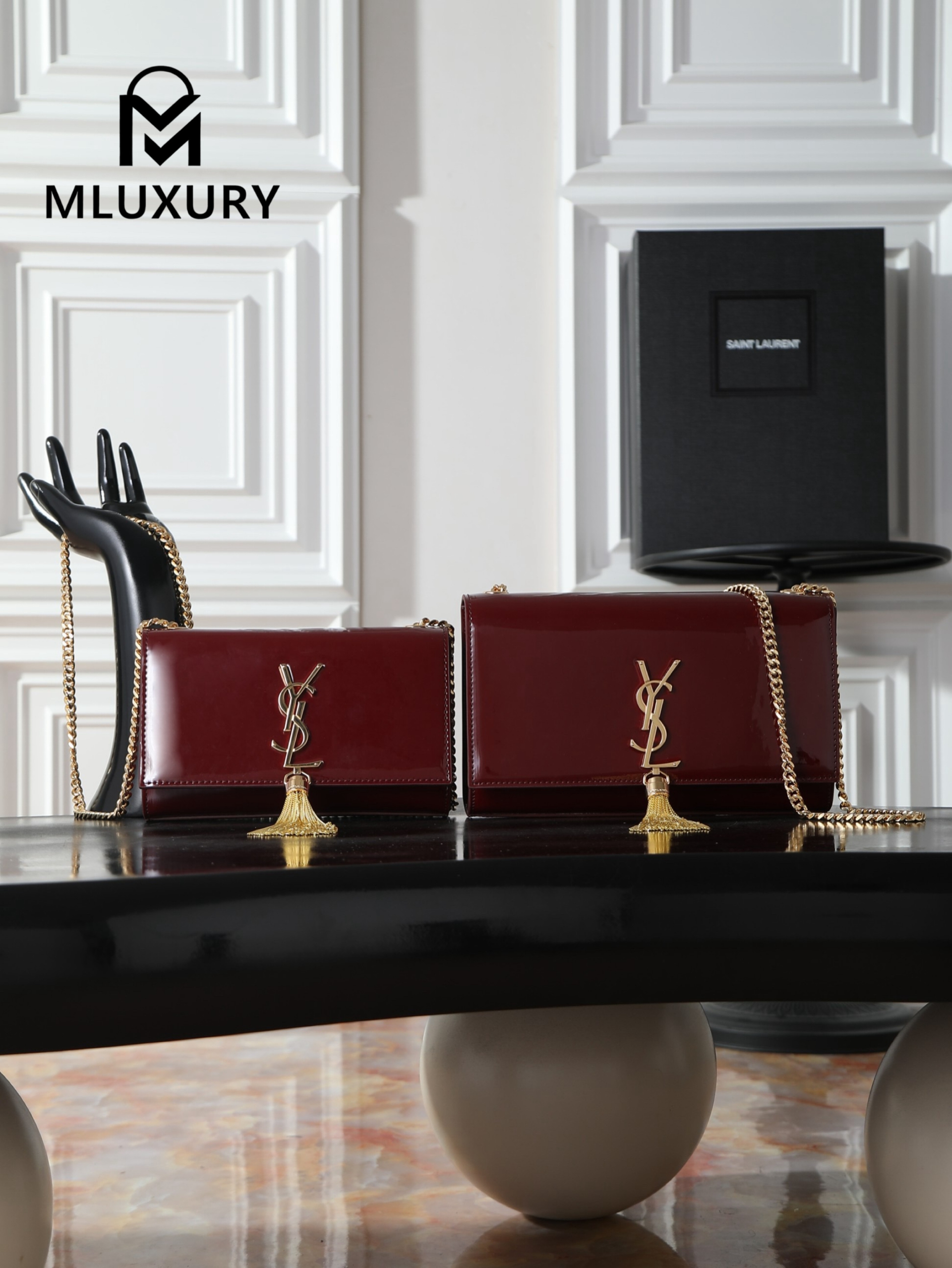 YSL KATE Burgundy Patent Leather Bag with Gold Buckle and Tassels