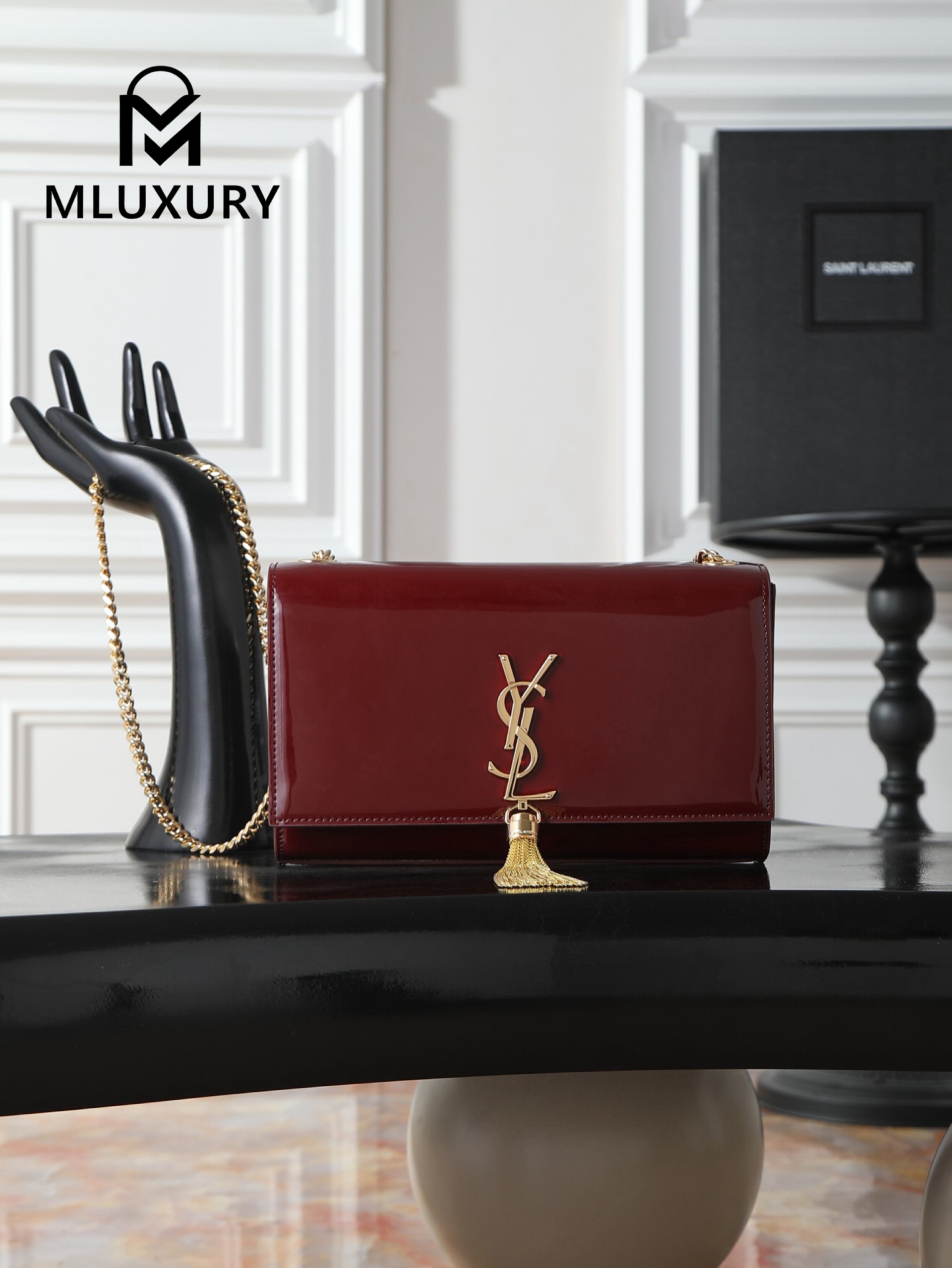 YSL KATE Burgundy Patent Leather Bag with Gold Buckle and Tassels