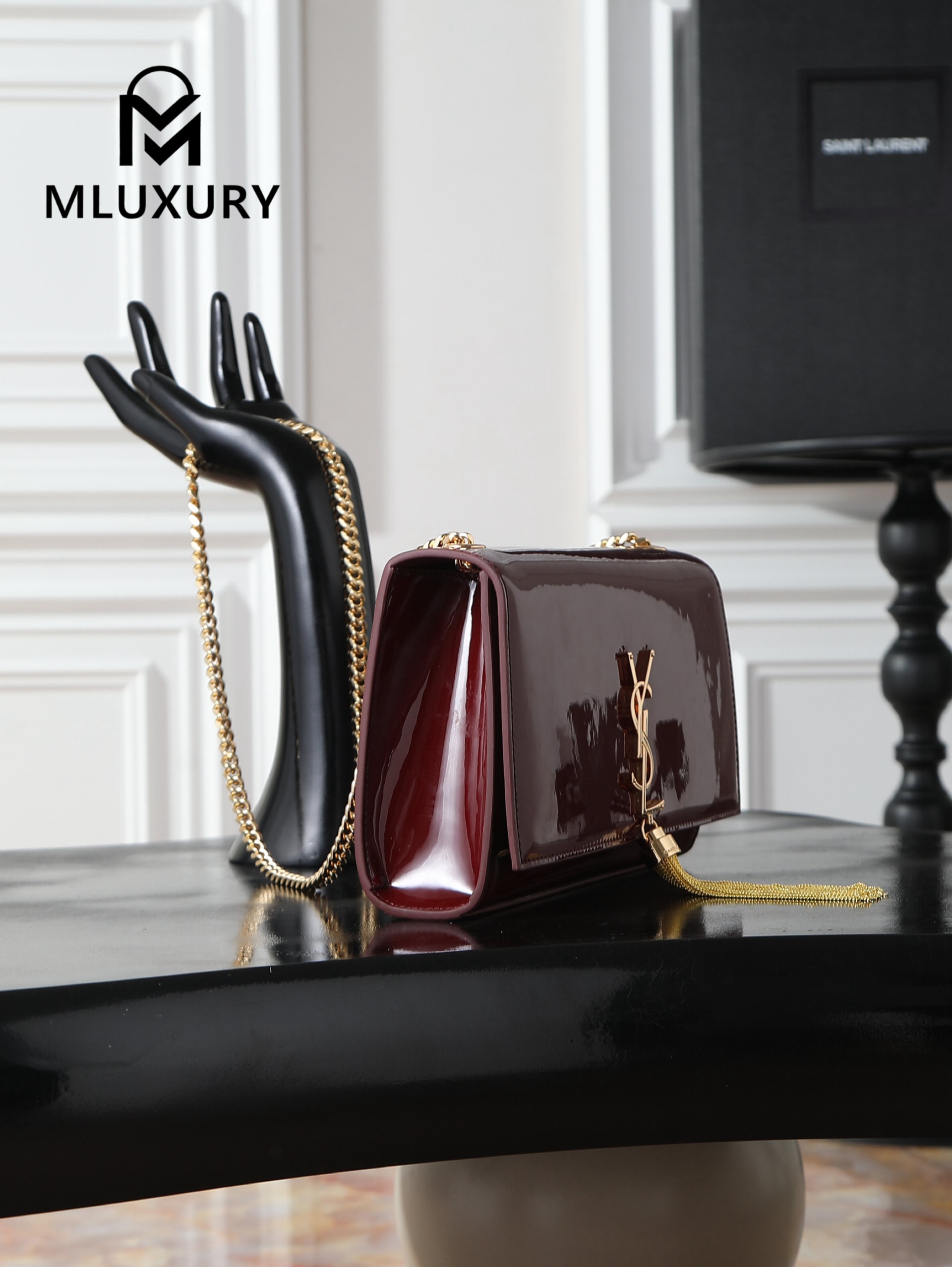 YSL KATE Burgundy Patent Leather Bag with Gold Buckle and Tassels