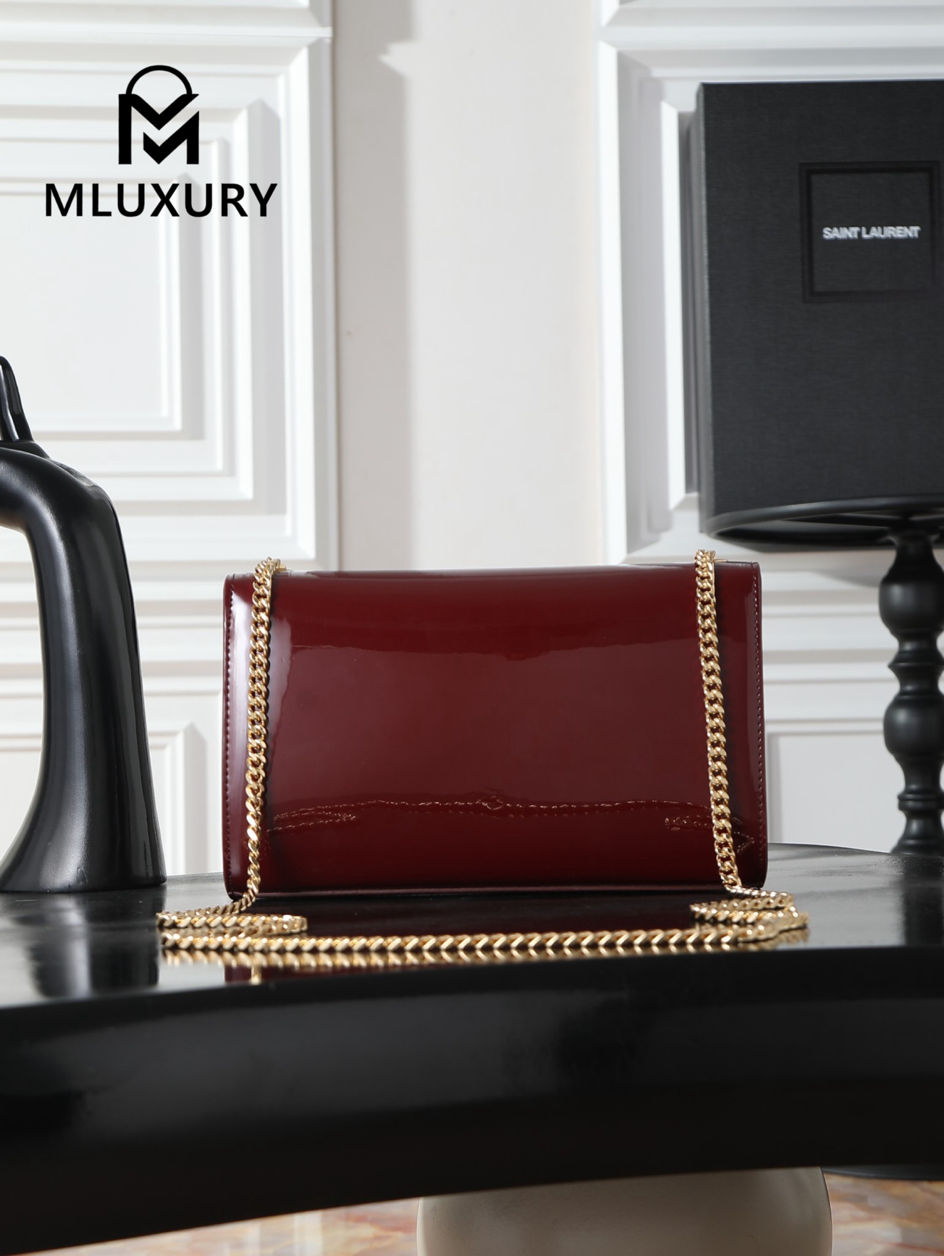 YSL KATE Burgundy Patent Leather Bag with Gold Buckle and Tassels