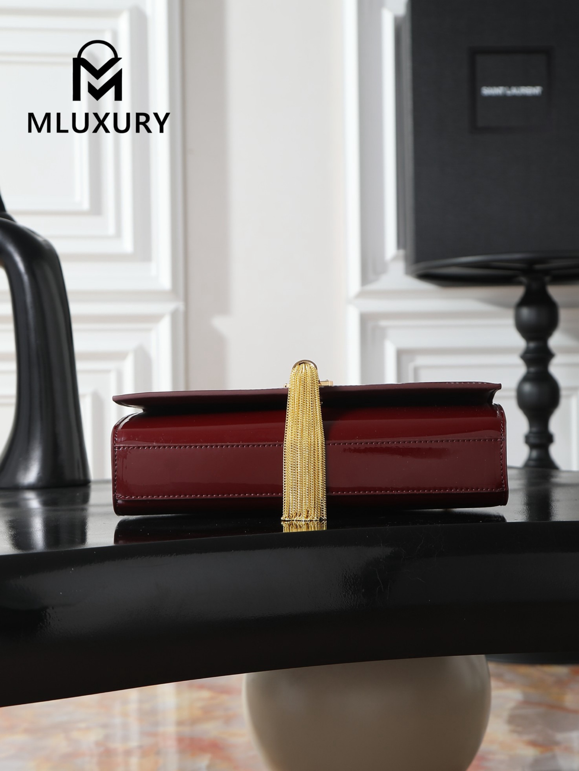 YSL KATE Burgundy Patent Leather Bag with Gold Buckle and Tassels