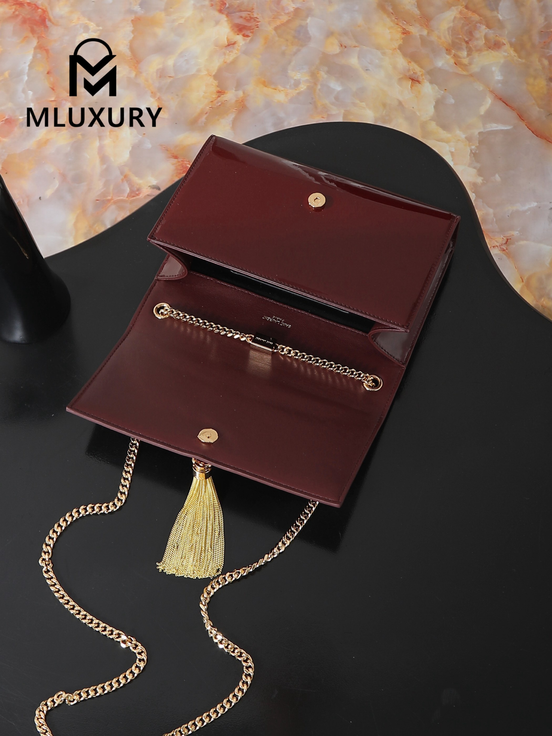 YSL KATE Burgundy Patent Leather Bag with Gold Buckle and Tassels
