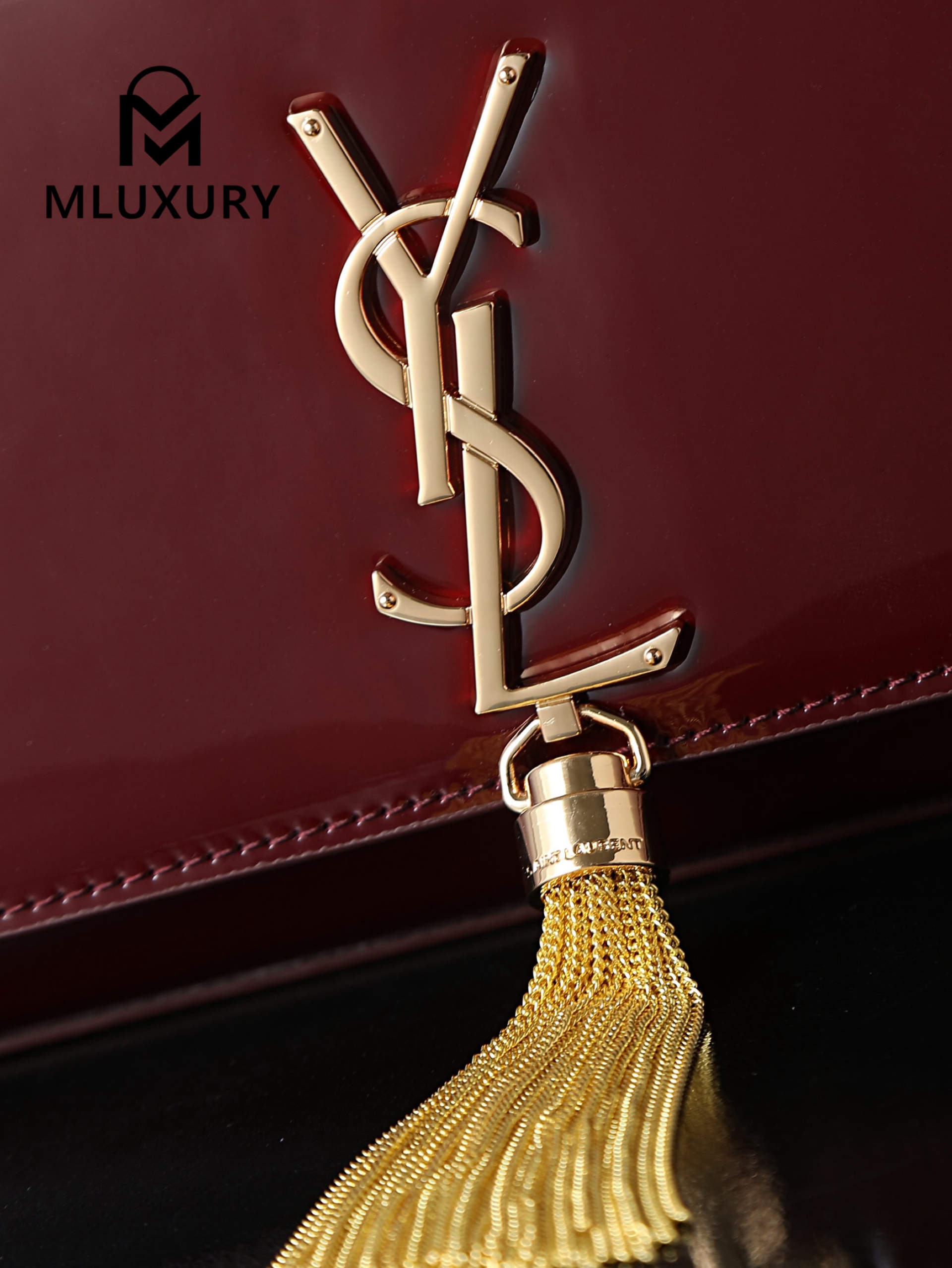 YSL KATE Burgundy Patent Leather Bag with Gold Buckle and Tassels
