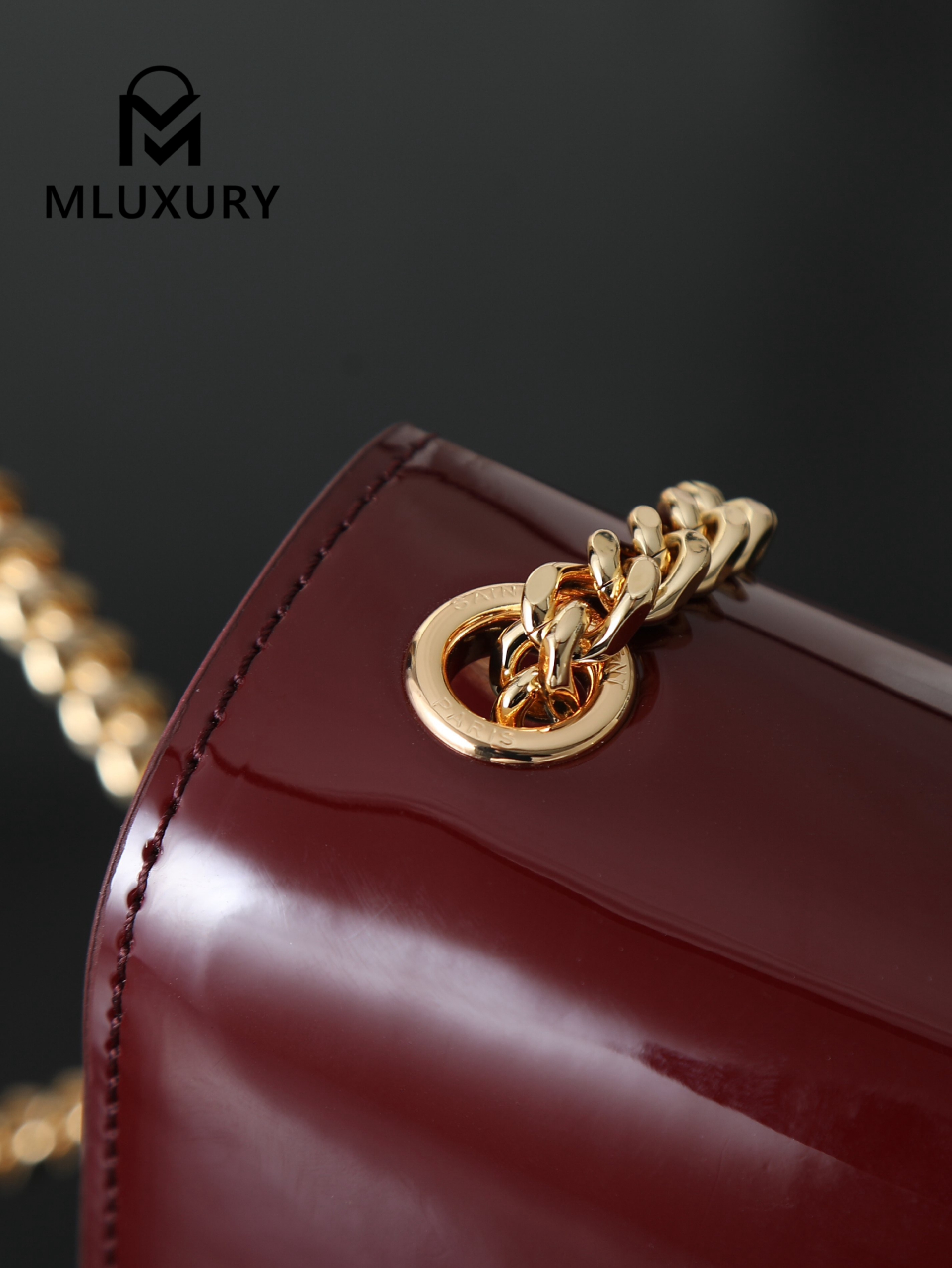 YSL KATE Burgundy Patent Leather Bag with Gold Buckle and Tassels