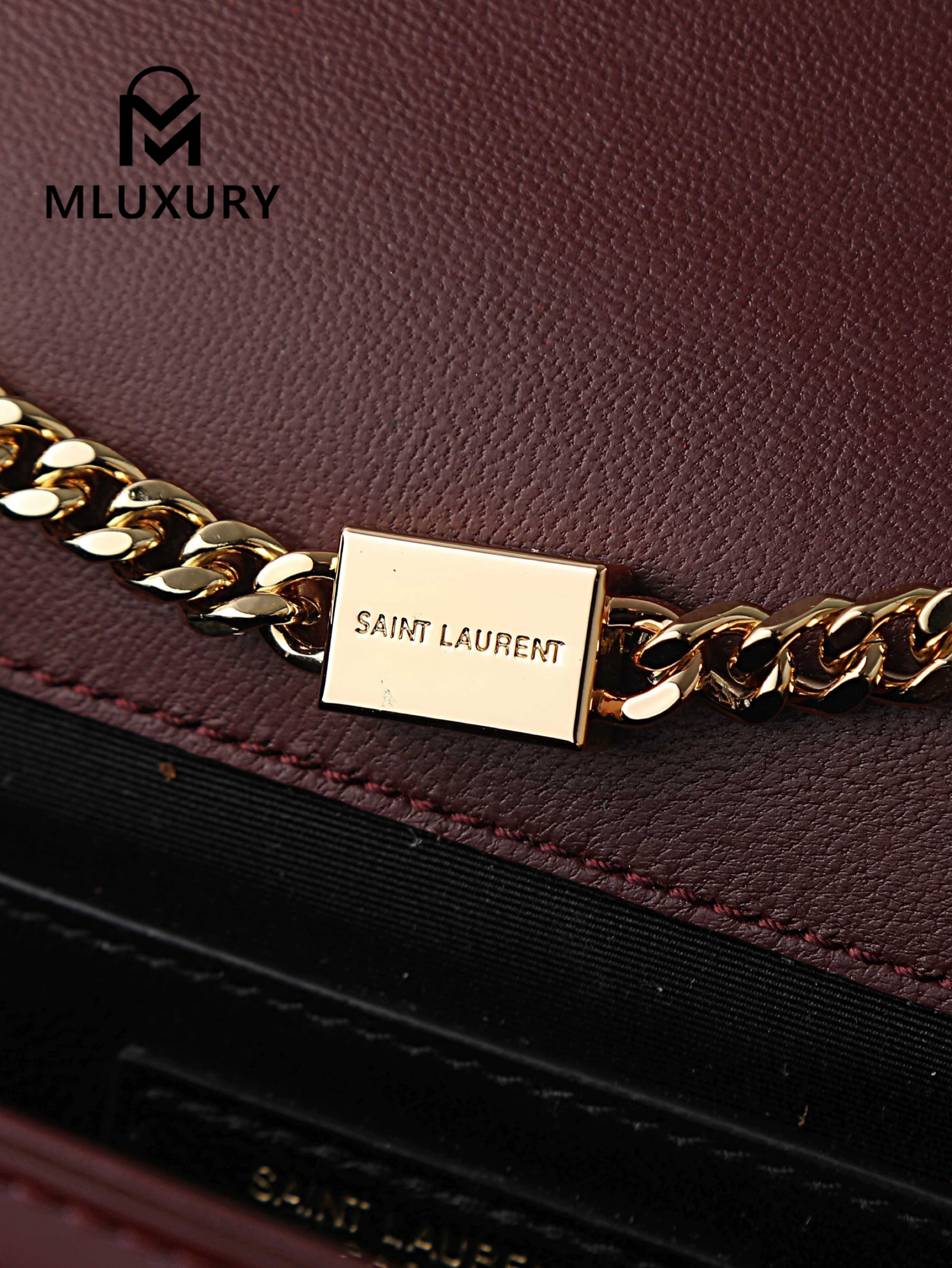 YSL KATE Burgundy Patent Leather Bag with Gold Buckle and Tassels