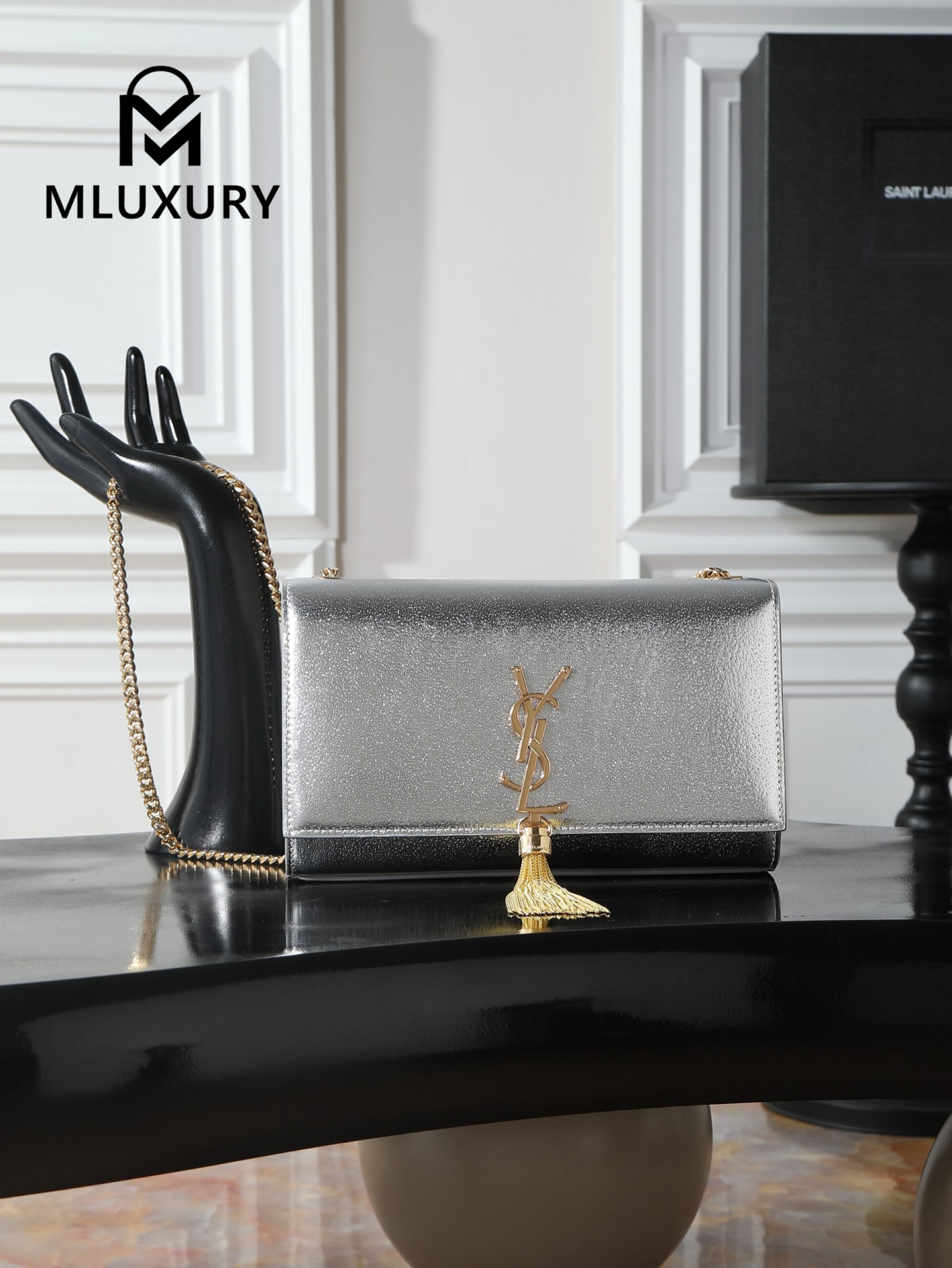 YSL KATE Silver Diamond Gold Buckle Tassel Bag