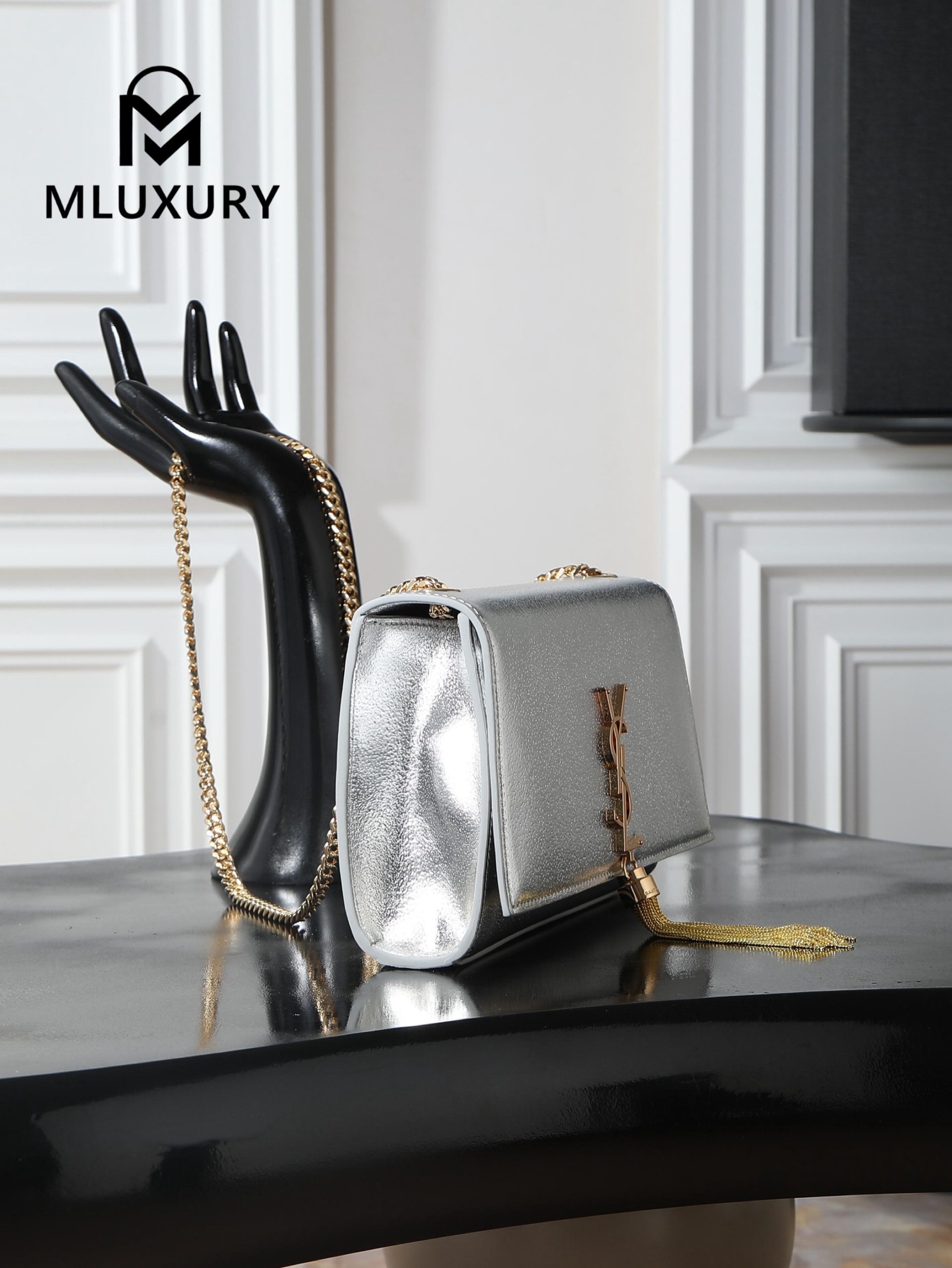 YSL KATE Silver Diamond Gold Buckle Tassel Bag