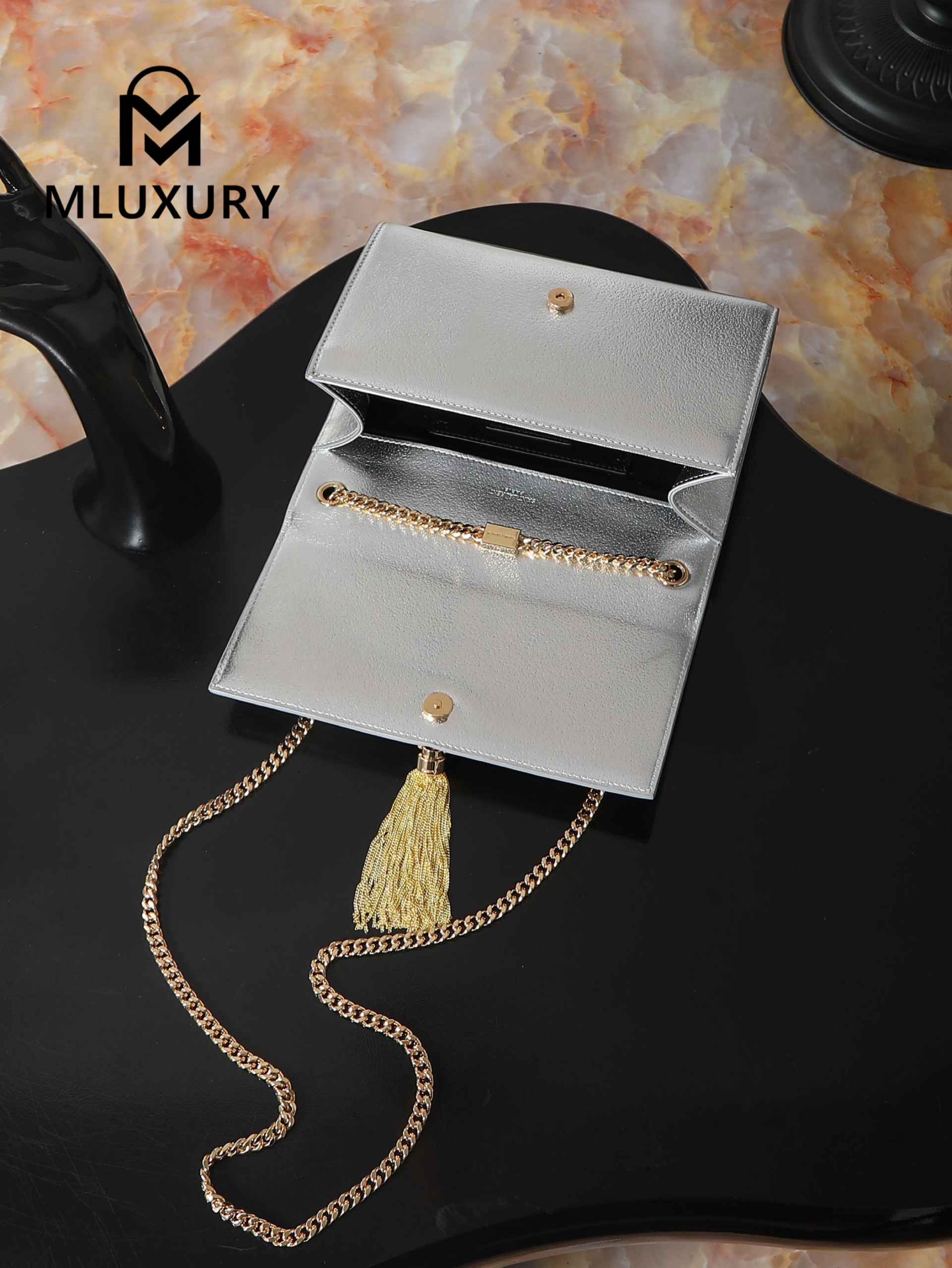 YSL KATE Silver Diamond Gold Buckle Tassel Bag