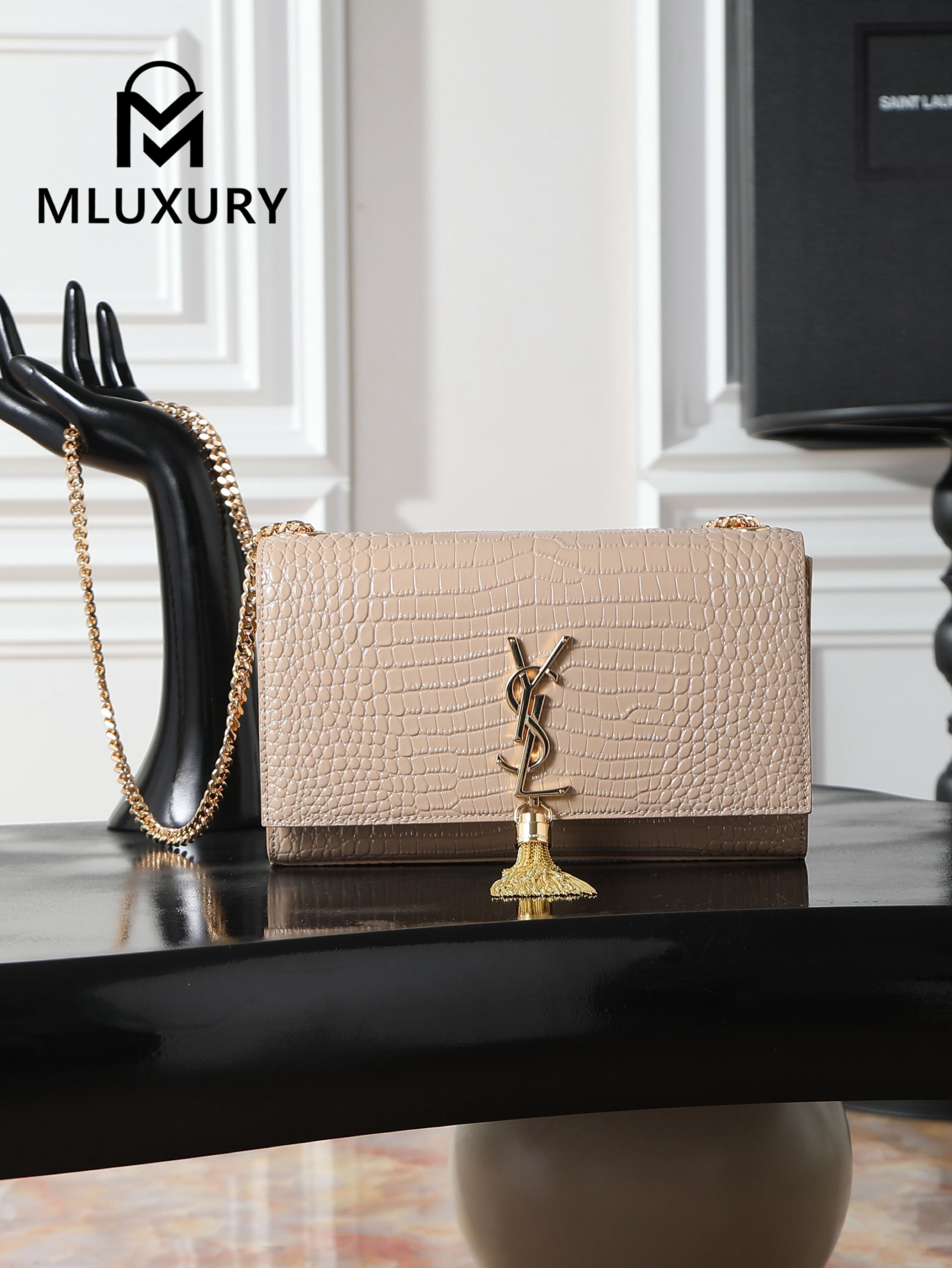 YSL KATE Apricot Crocodile-Embroidered Gold Buckle Tassel Bag
