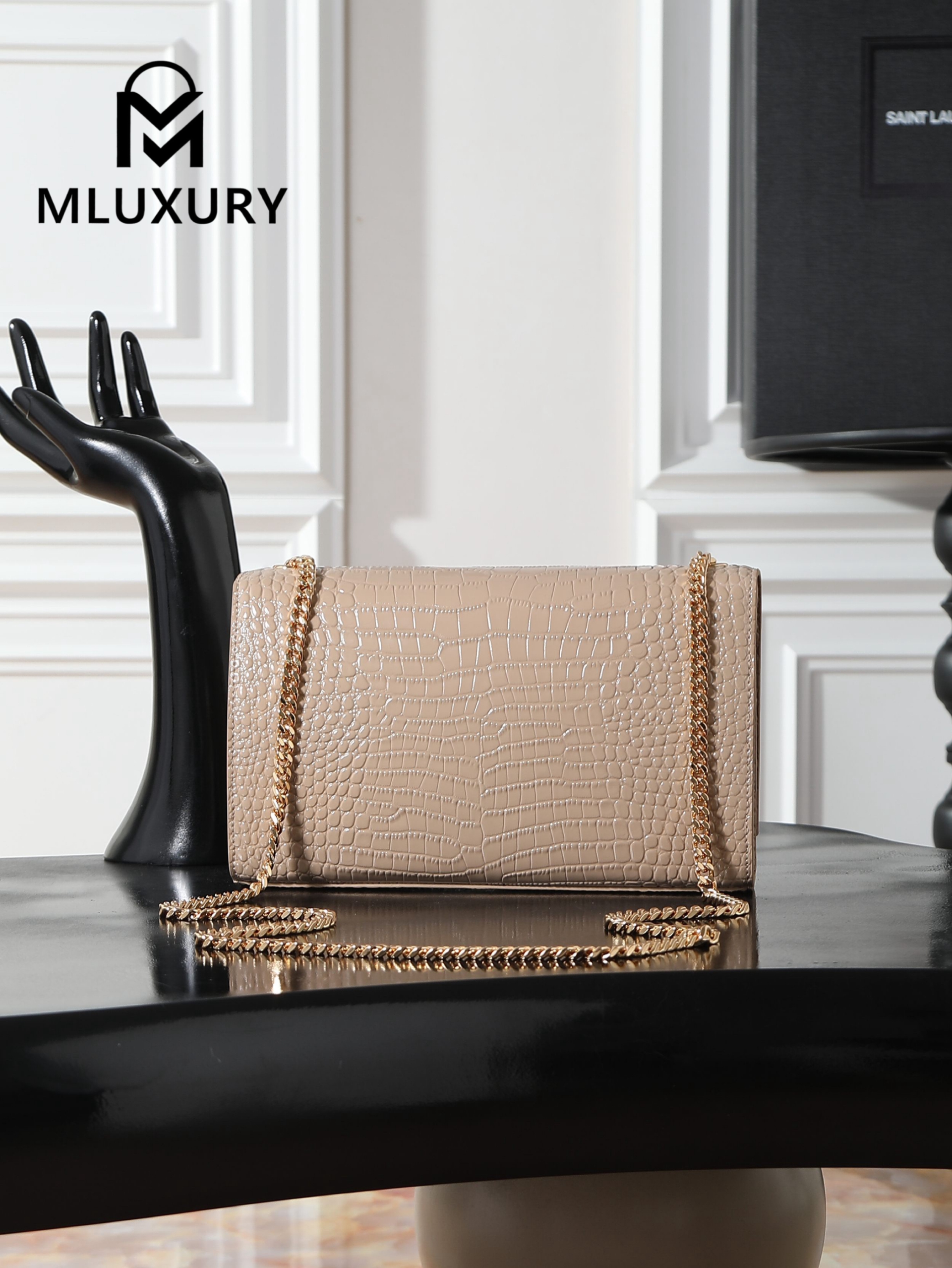 YSL KATE Apricot Crocodile-Embroidered Gold Buckle Tassel Bag